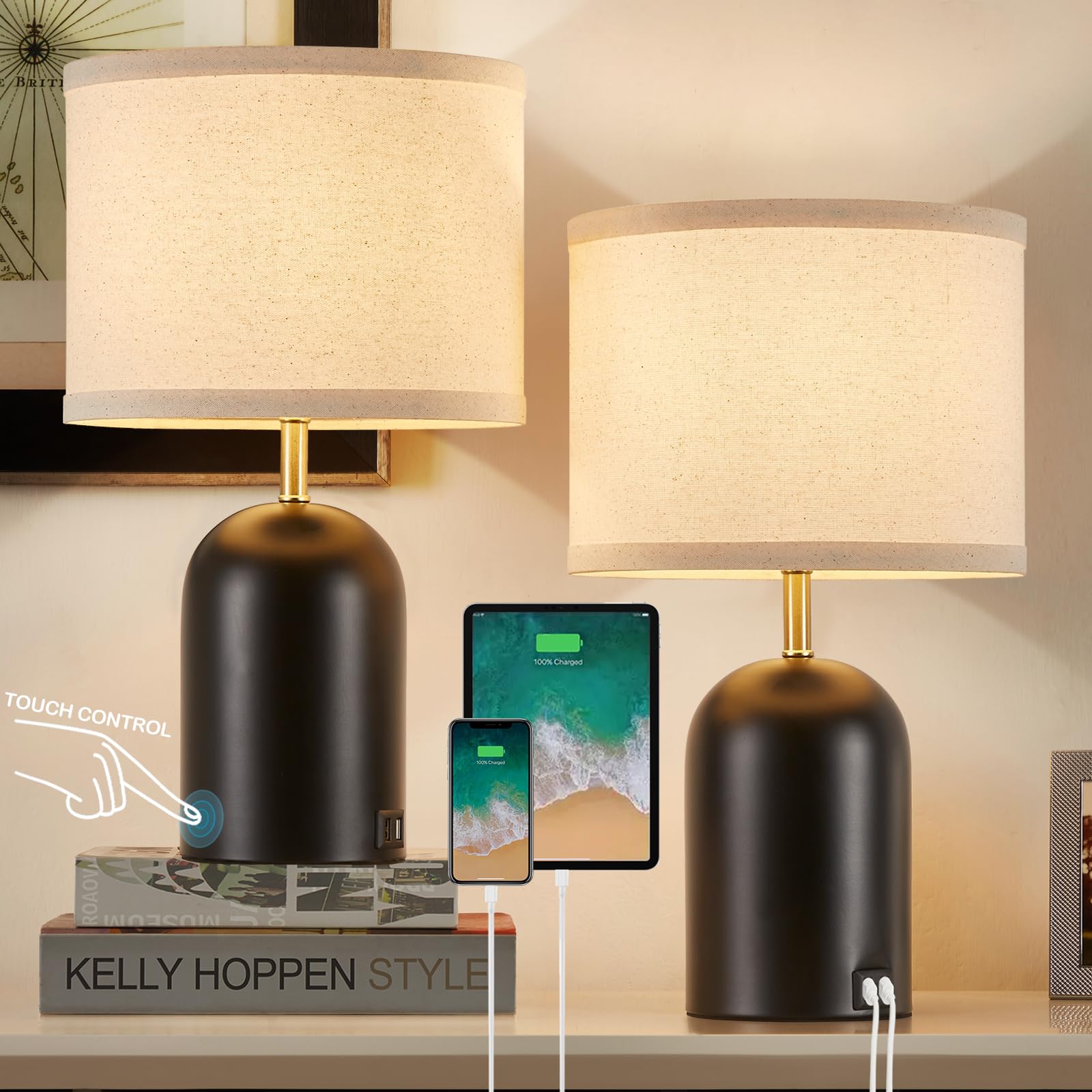 Gyrovu Touch Control Table Lamps Set Of 2, Modern Bedside Lamp With 2 Usb Ports, 3-Way Dimmable Gold And Black Nightstand Lamp With Fabric Shade For Living Room Bedroom Office Dorm(Led Bulbs Included)