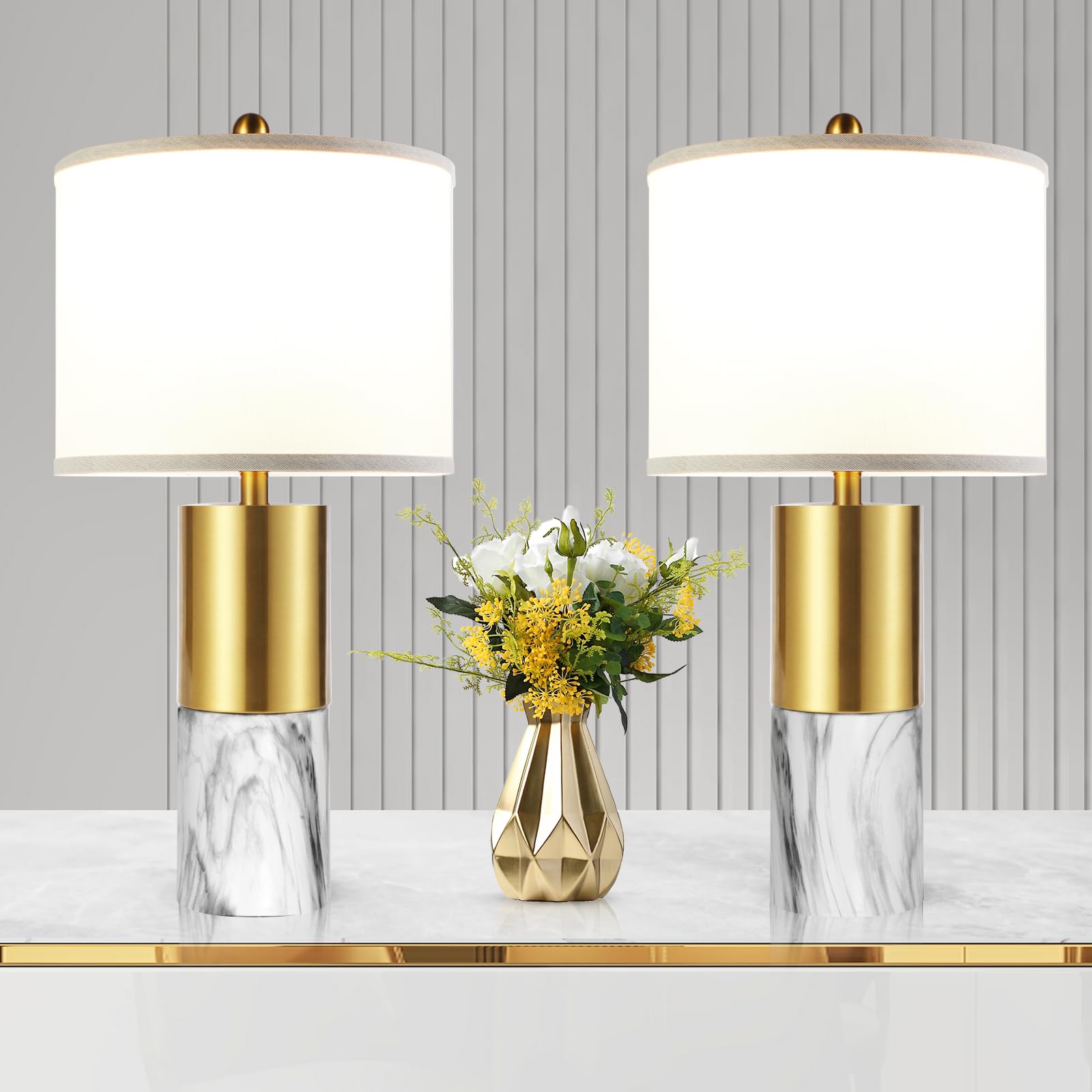 Ghoocemlux 22" Faux Marble Table Lamps Set Of 2, Modern 3-Color Temperature Table Lamps With Fabric Shades, Contemporary Bedside Nightstand Lamps For Living Room Bedroom (2 Led Bulbs Included) - White & Gold