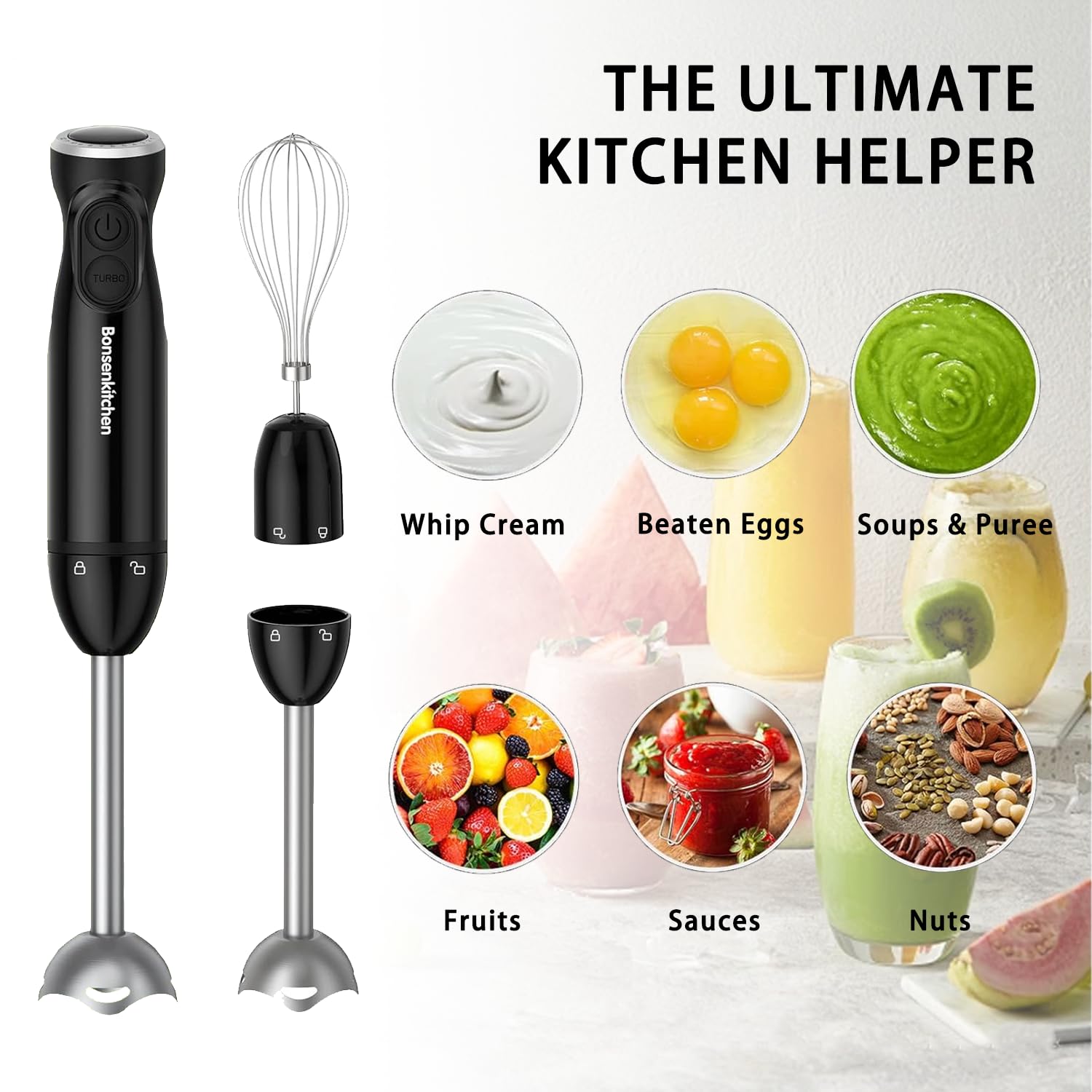 Bonsenkitchen Immersion Blender, 12-Speed & Turbo, Electric Stick Blender With Sharp Blades, Egg Whisk, 24Oz Beaker, Perfect For Soups, Smoothies, Sauces, Easy Clean, Versatile