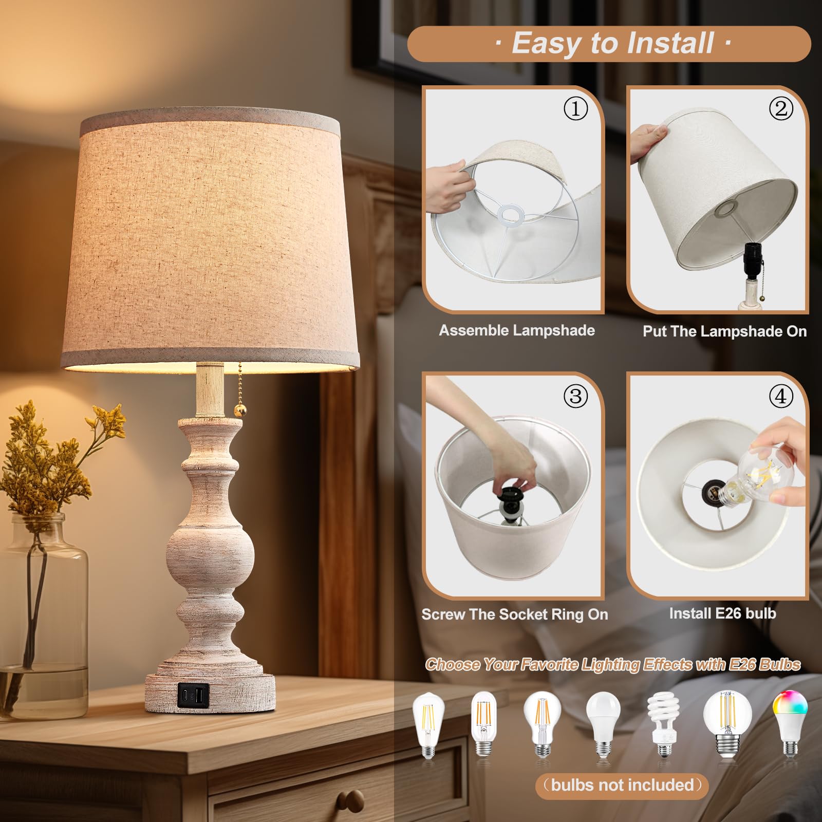 Booucuu Table Lamp For Bedroom Set Of 2 Farmhouse Bedside Lamps For Nightstand With Usb C+A Charging Ports Traditional Table Lamps For Living Room - Pull Chain Switch, Bulbs Not Included