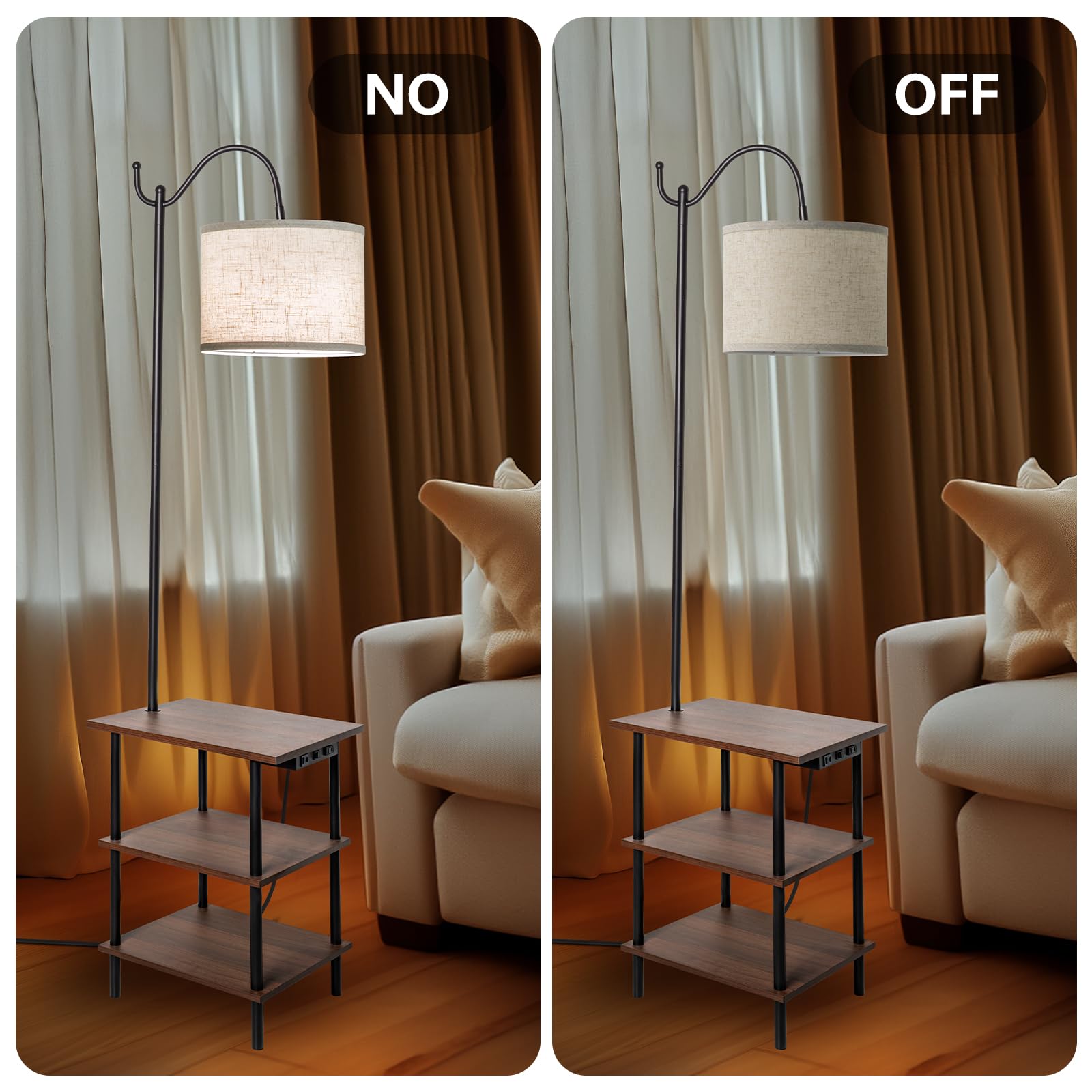 Eoeyyoyb Floor Lamp With 3-Tier Shelves, End Table Lamp With Usb Charging Port Power Outlet, Side Table Reading Light With 3 Color Temperature Led Bulb Included, Floor Lamps For Living Room, Walnut