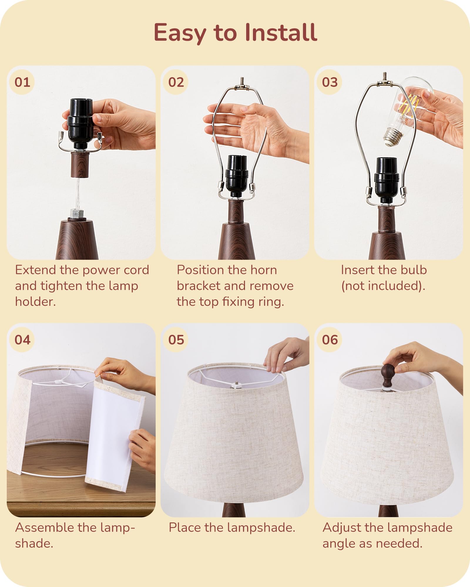 Edishine 21.85" Boho Table Lamp, Farmhouse Bedside Lamp, Water Transfer Red Wood Grain Metal Base, Beige Linen Shade, Rustic Nightstand Light For Living Room, Bedroom, Office, E26 Base