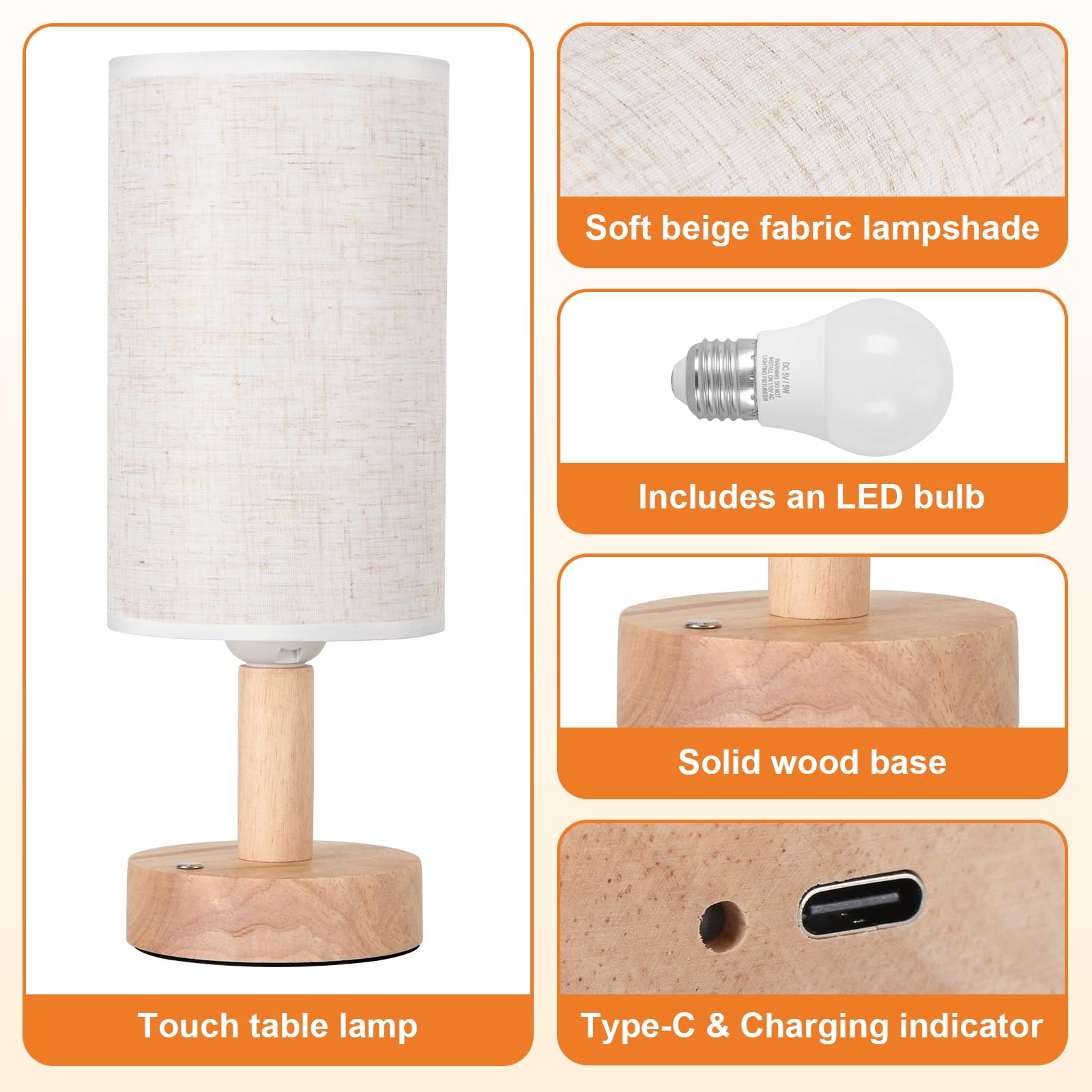 Uchenton Small Cordless Touch Table Lamps Set Of 2 With Stepless Dimming, Natural Wood Base & Linen Fabric Shade,Wireless Battery-Powered Ambient Night Lights For Bedroom, Bedside, Nightstand,Room, Nursery