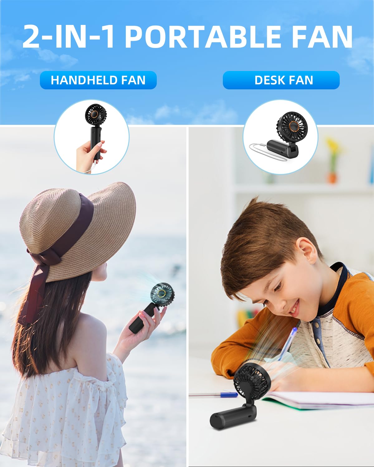 Portable Handheld Fan, Mini Desk Fan Foldable 2000Mah, 180° Ratotion, 3 Speeds, Ultra Quite