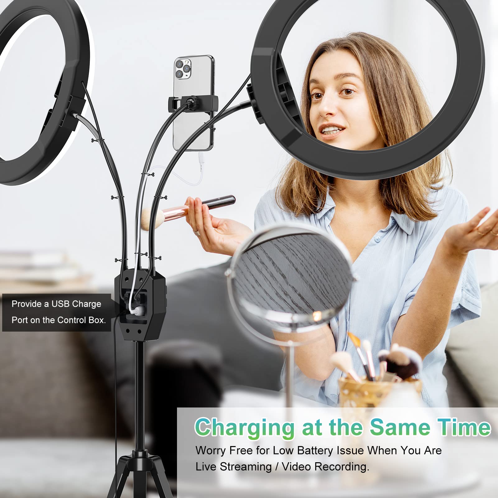 Sebider Dual 10" Led Ring Light With Tripod Stand & Phone Holder, Selfie Circle Lights With 5 Light Modes (2700-6500K)&12 Brightness Compatible For Makeup/Photography/Tiktok/Youtube/Live Stream