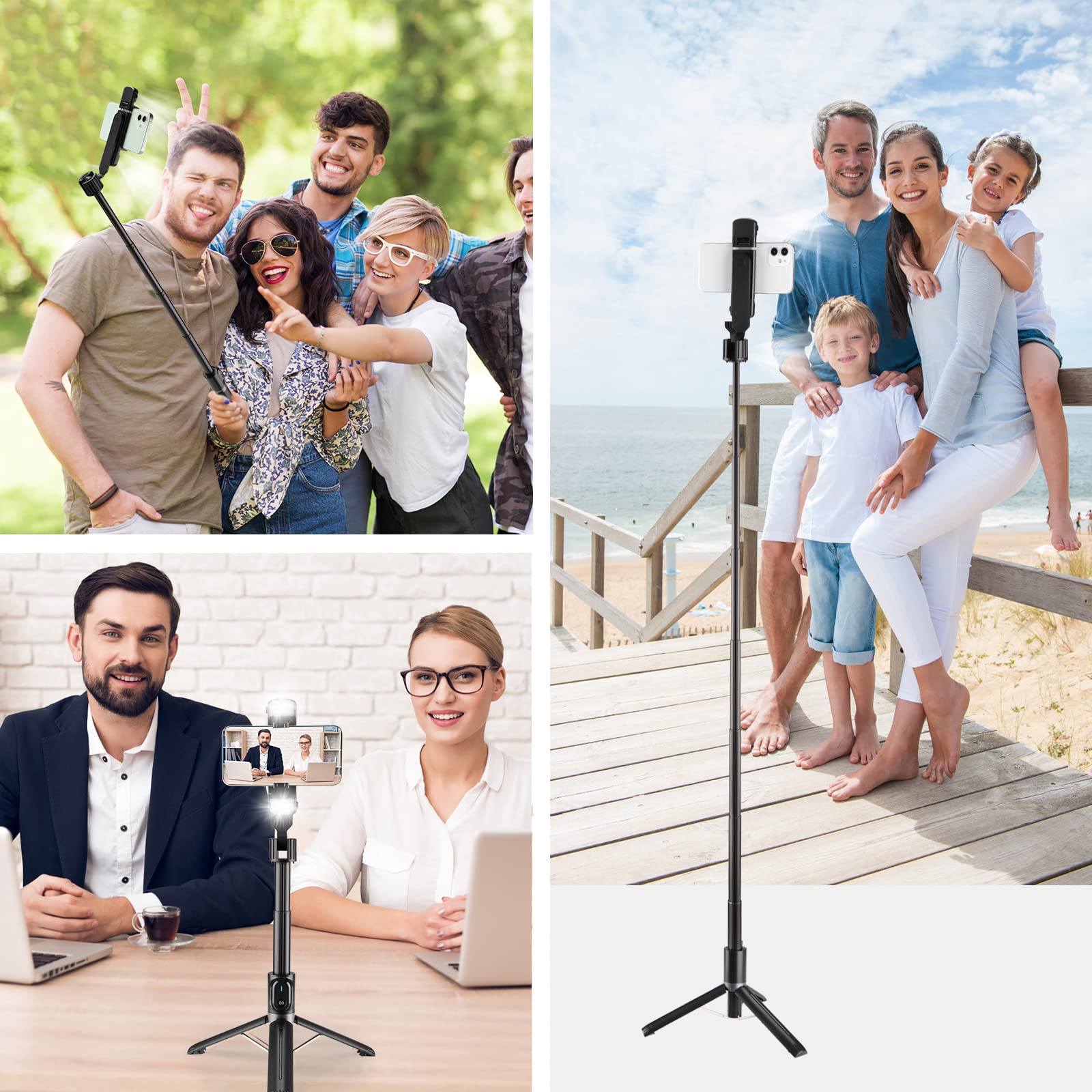 Mqouny Selfie Stick With Rugged Tripod,Extendable 41 Inch Aluminum Alloy Phone Tripod With Detachable Wireless Rechargeable Remote And Dual Ring Light,360 Rotation Phone Holder For Smartphone (Black)