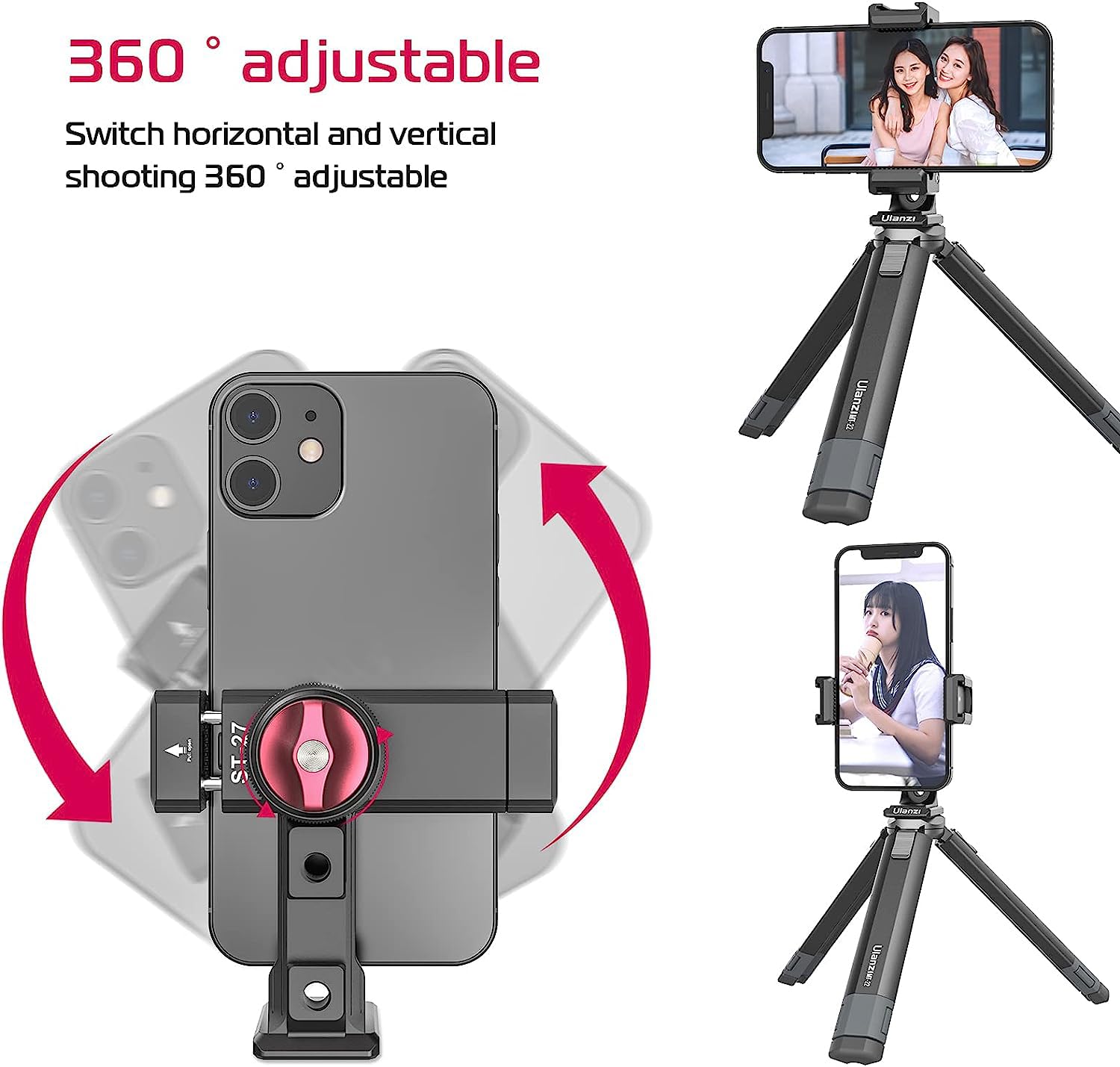 Pictron Metal Phone Tripod Mount 3 Cold Shoes & Arca Port, 360° Smartphone Tripod Adapter For Iphone Samsung Cell Phone Stand Holder For Desktop Tripod Video Live Streaming Vlogging Rig