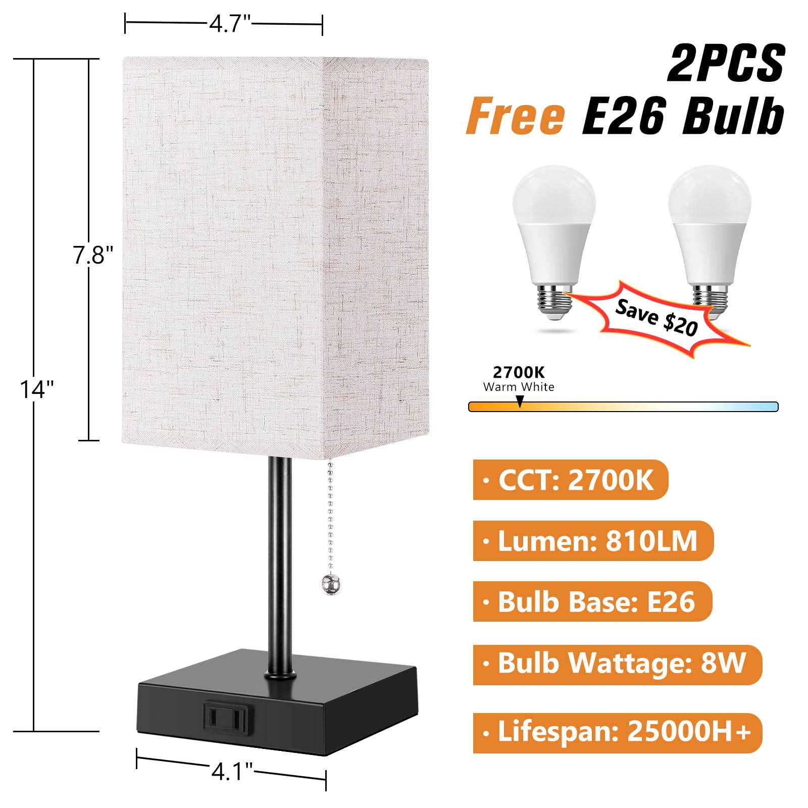 Plmmy Table Lamp For Bedroom Set Of 2, Bedside Lamps With 3 Color Temperatures Night Light, Lamp For Night Stands With Ac Outlet And Square Shade, Pull Chain Small Desk Lamp For Living Room Home Decor