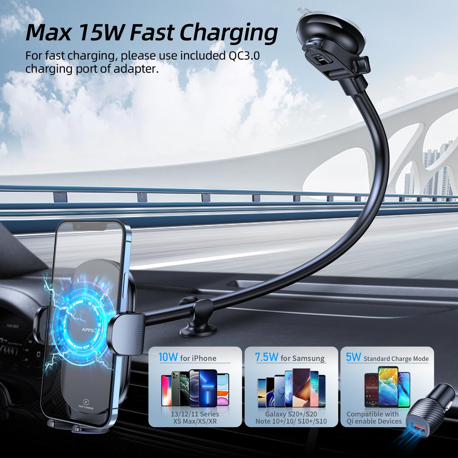 Apps2Car Wireless Car Charger 15W Fast Charging Car Phone Holder Charger Wireless Car Charger Mount For Dashboard Windshield Air Vent Compatible With Iphone 15 Pro Max Plus 14 13 12 Samsung Lg & More