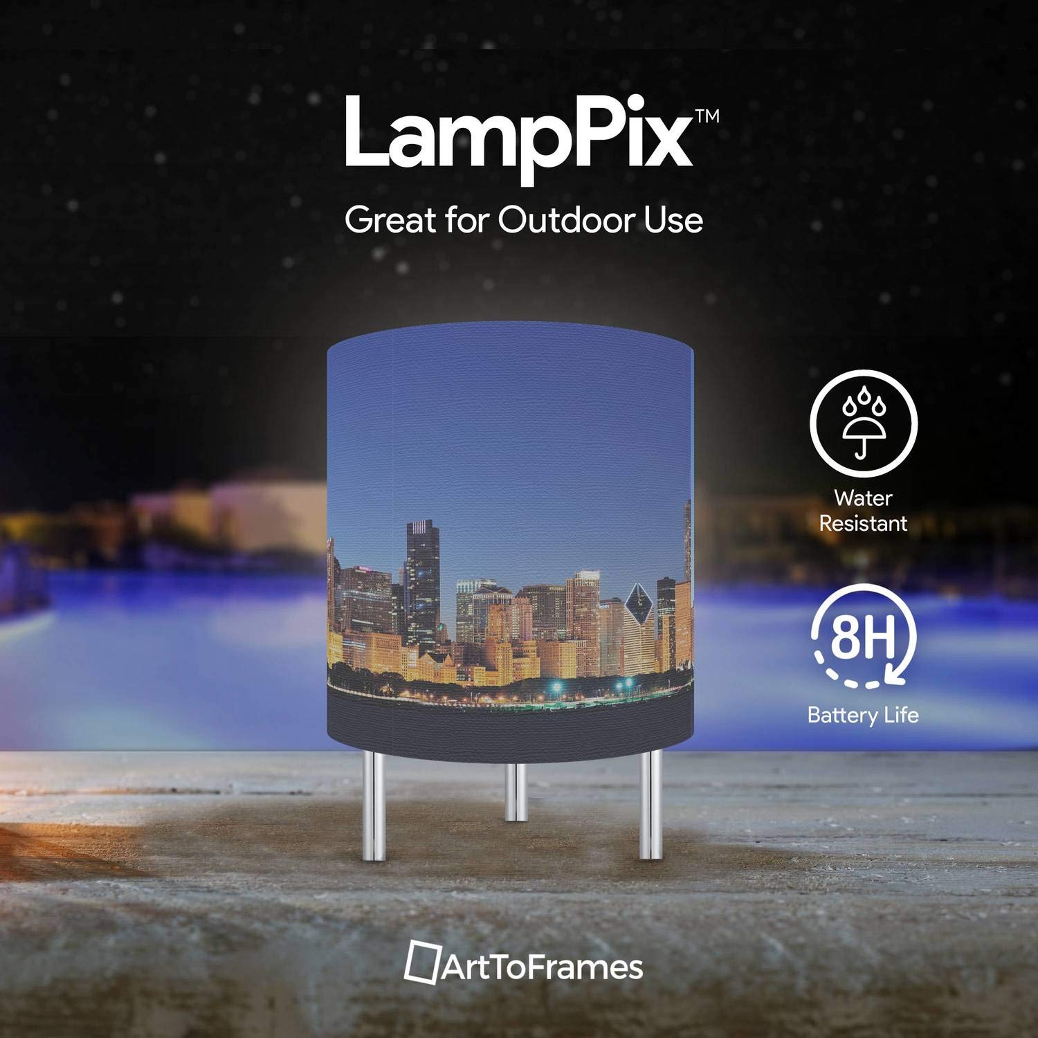 Lamppix Led Desk Lamp Chicago Skyline Canvas Printed Table Light Comes With 16 Color Rechargeable Light Bulb With 5 Level Dimmer And Remote Control And Chrome Standoffs. Made In The Usa
