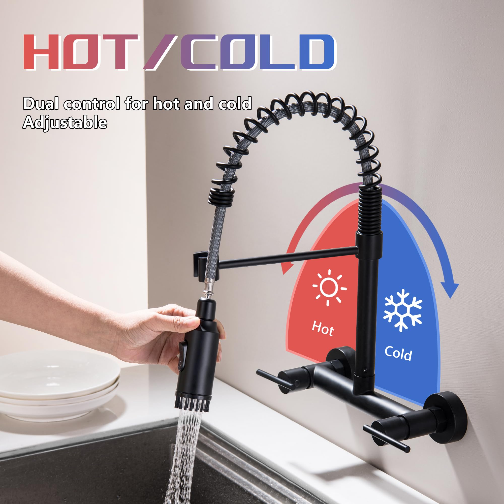 Subeixi Wall Mount Kitchen Faucet, 8 Inch Center Wall Mounted Kitchen Faucets With 3 Functions Sprayer, Matte Black