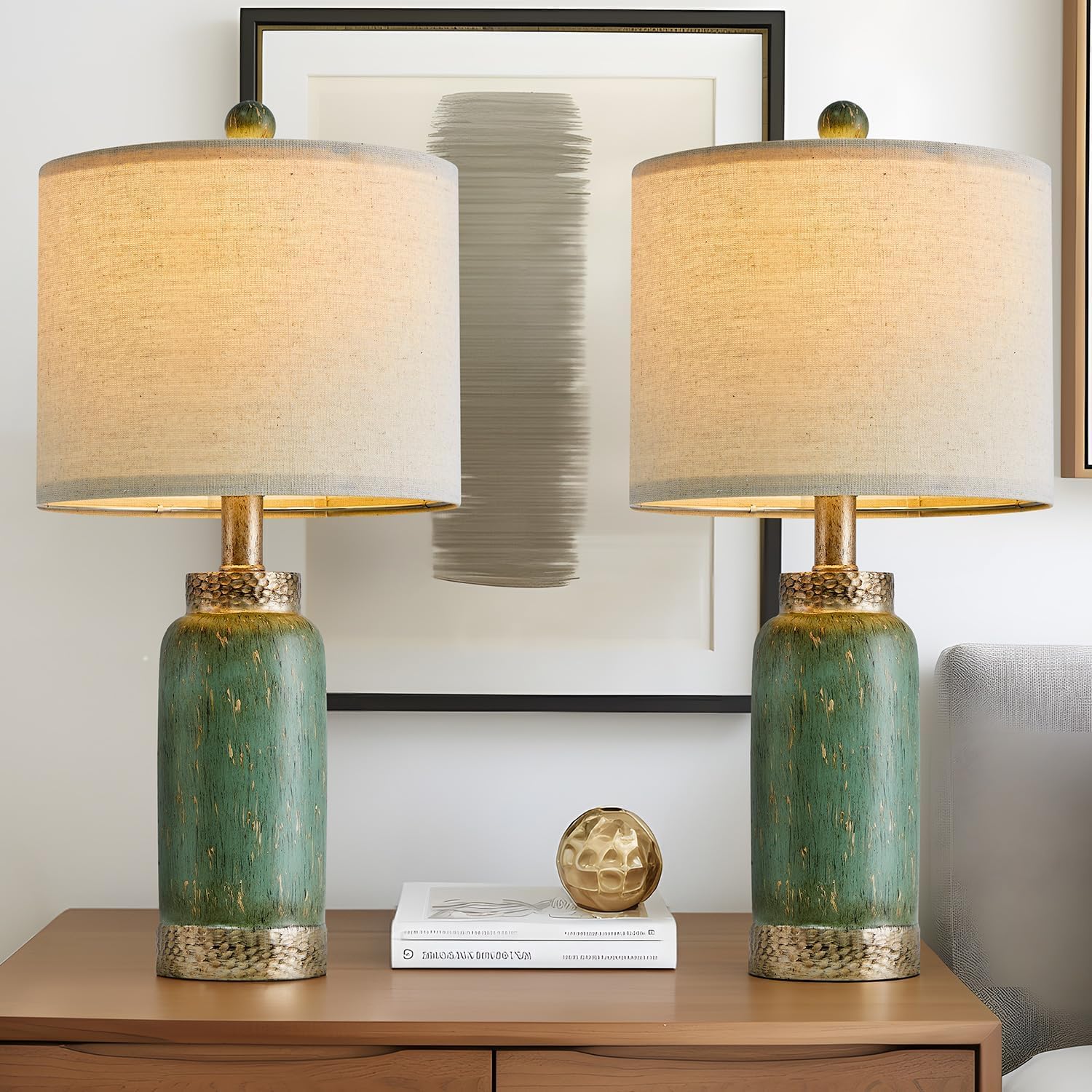 G-Safava 20.25" Table Lamps Set Of 2 Small Table Lamp For Bedroom Living Room Green Lamp Farmhouse Lamp Vintage Rustic Boho Bedside Lamps Mid Century Side Table Nightstand Lamp Home Office Retro Deco