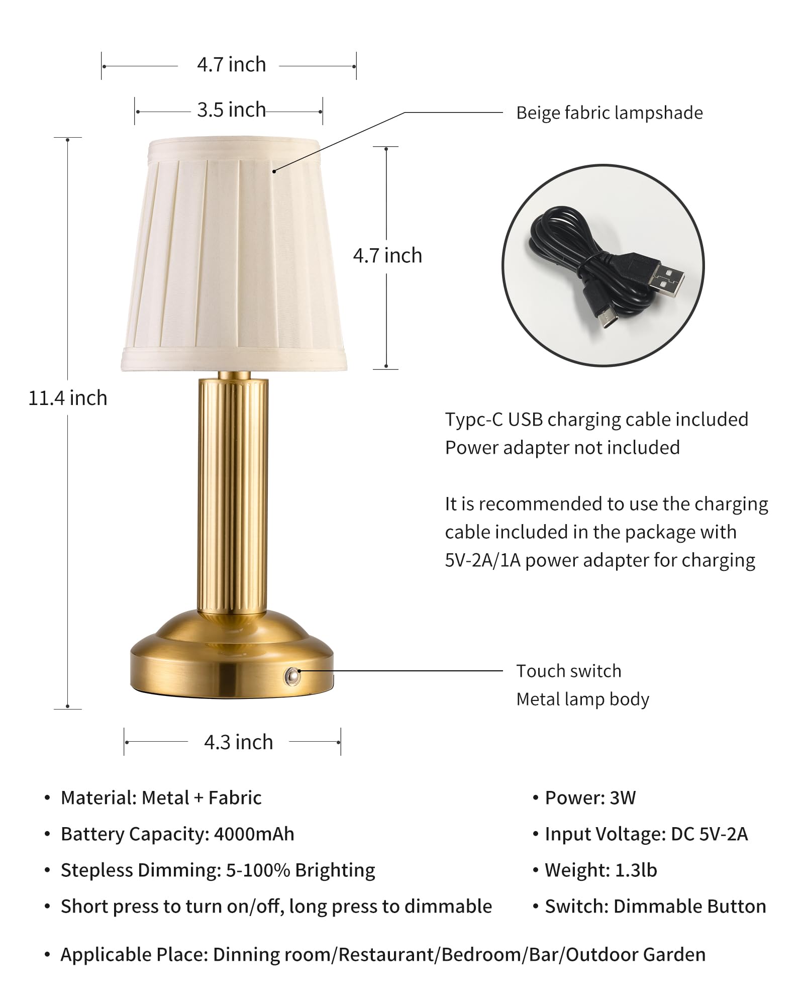 Newsee Mini Cordless Table Lamp 2 Pack - 11.4" Stepless Dimmable Touch Lamp With Fabric Shade, Small Led Lamps, 4000Mah Rechargeable Battery Operated Lamps For Dinning Room, Bedroom, Bar (Gold)