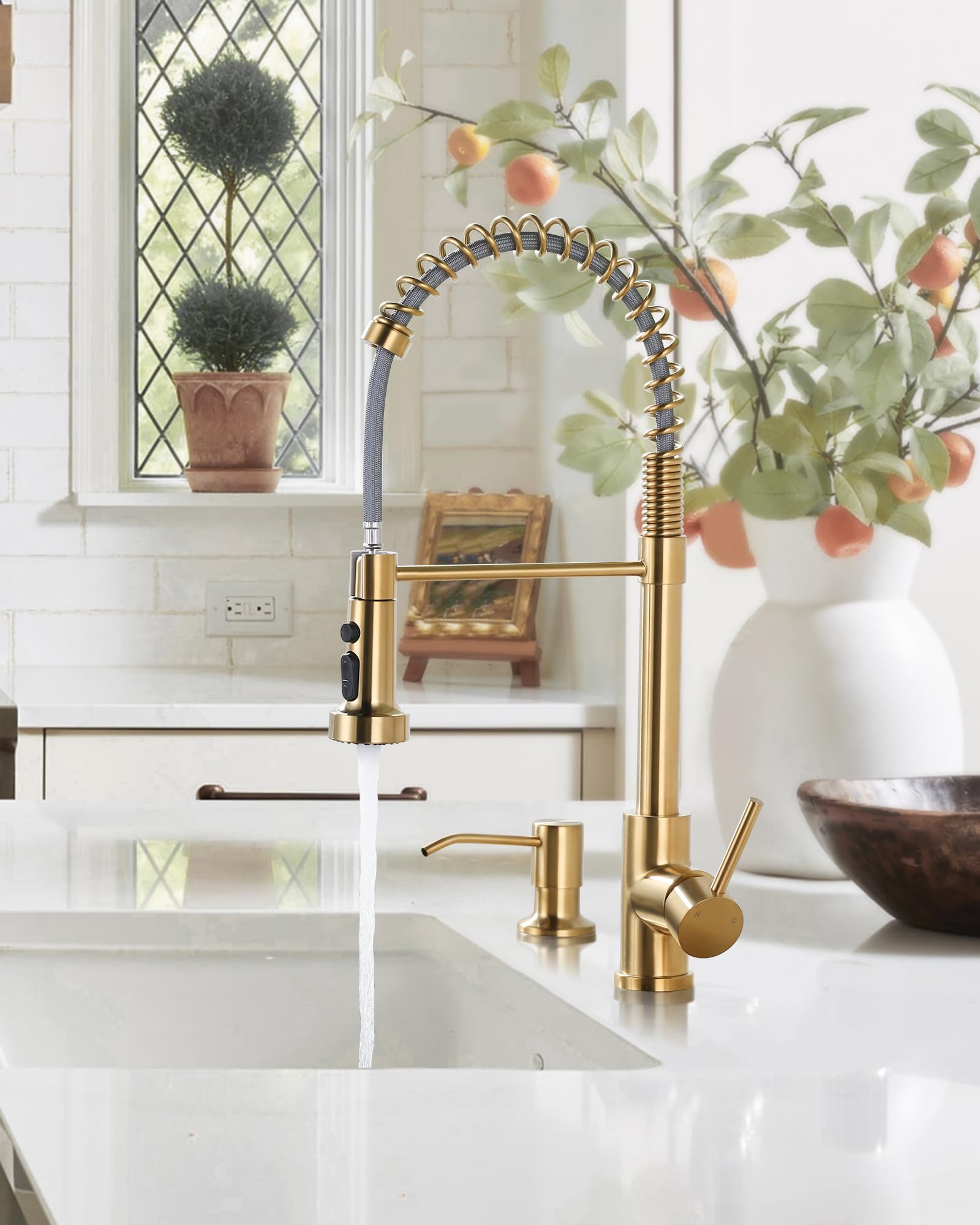 Arcora Kitchen Sink Faucet With Soap Dispenser: Brushed Gold Kitchen Faucets With Pull Down Sprayer - Stainless Steel Single Handle Kitchen Faucet With Deck Plate For Farmhouse Rv Laundry