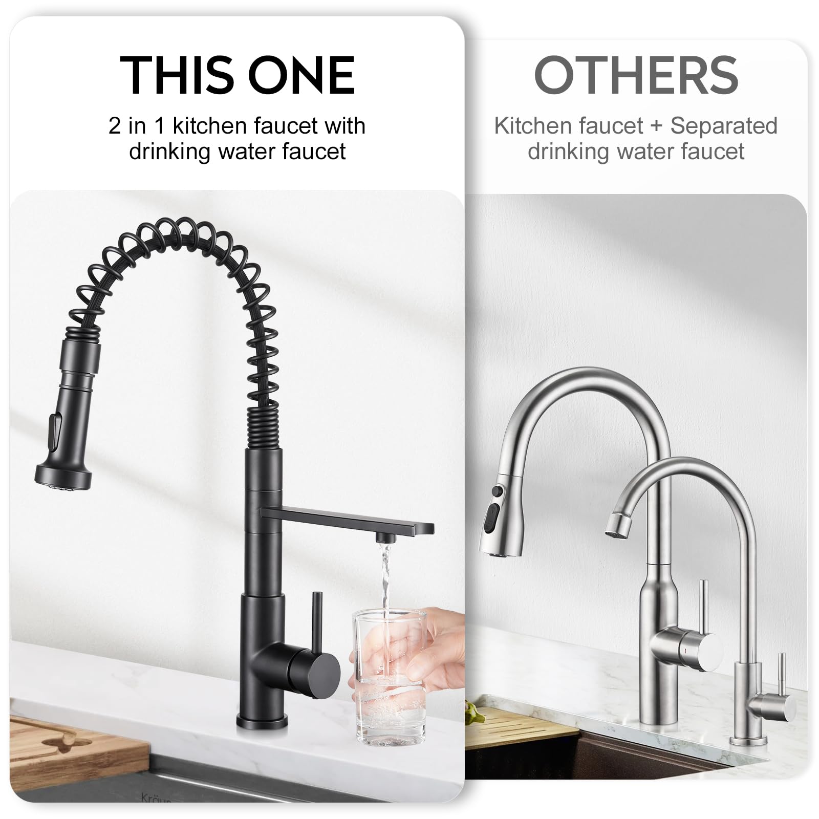 Crea Kitchen Faucets With Water Filter Faucet Buil-In,3 Way Drinking Water Faucet For Kitchen Sink,Black Kitchen Faucet With Pull Down Sprayer,Rotatable Spring Gooseneck Stainless Steel Single Handle