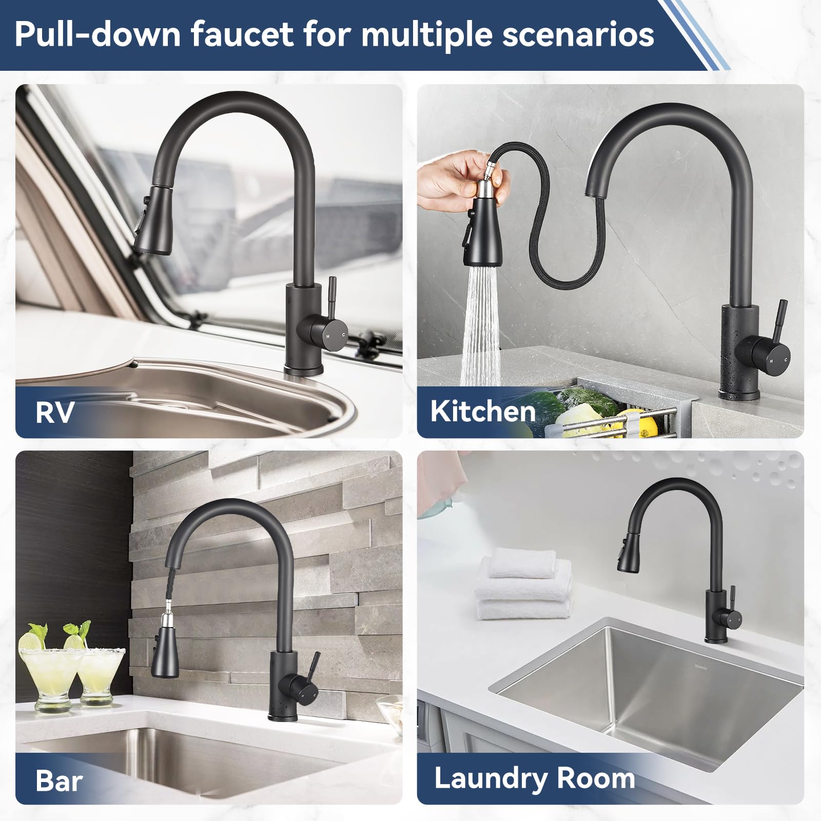 Jorilaisa Kitchen Faucet With Pull Down Sprayer Black 1 Or 3 Hole Single Handle Kitchen Sink Faucet,Grifos De Cocina, High Arc Stainless Steelmodern Faucet With Deck Plate Pull Out For Kitchen