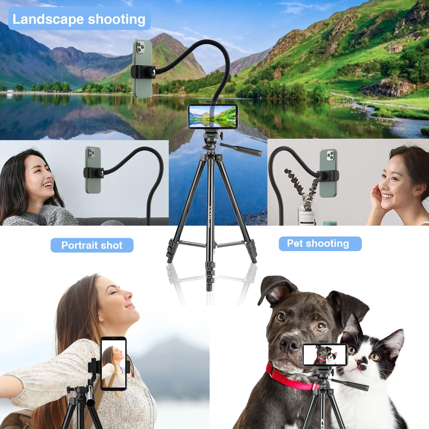 Yotetion 60" Aluminum Phone & Camera Tripod With Gooseneck Stand, Extendable Cell Phone Tripod Stand Compatible With Iphone/Android/Action Camera Is Perfect For Live Streaming/Video Recording/Selfies