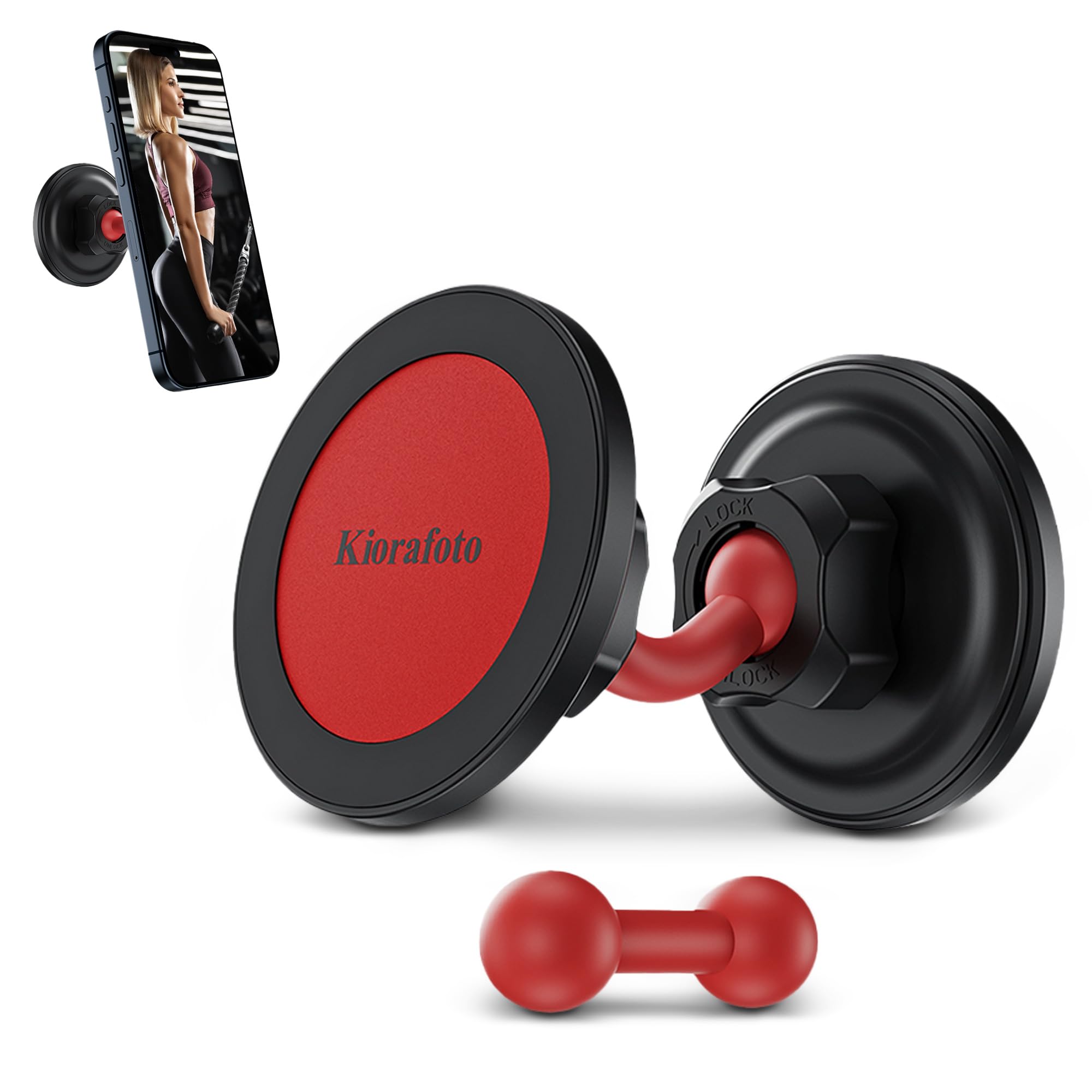 Kiorafoto Dual Magnetic Phone Holder For Magsafe,360 Rotation Gym Magnetic Phone Holder Mount, Gym Cell Phone Holder With Double Sided Magnet For All Types Of Phone(With Angled Arm Replacement) - Red