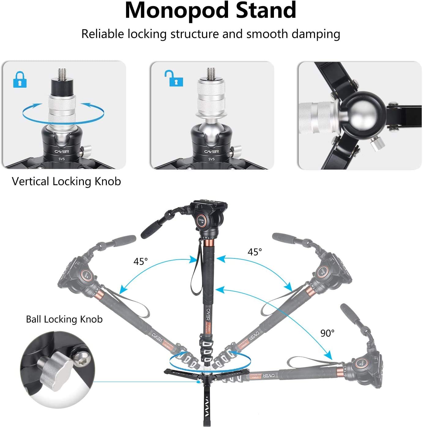 Cayer Tabletop Mini Tripod, Sv5 Alumunium Portable Desktop Tripod Stand With 3/8"-16 Mounting Screw For Monopods, Dslr Camera, Video Camcorder, Mobile Phone And Action Cameras