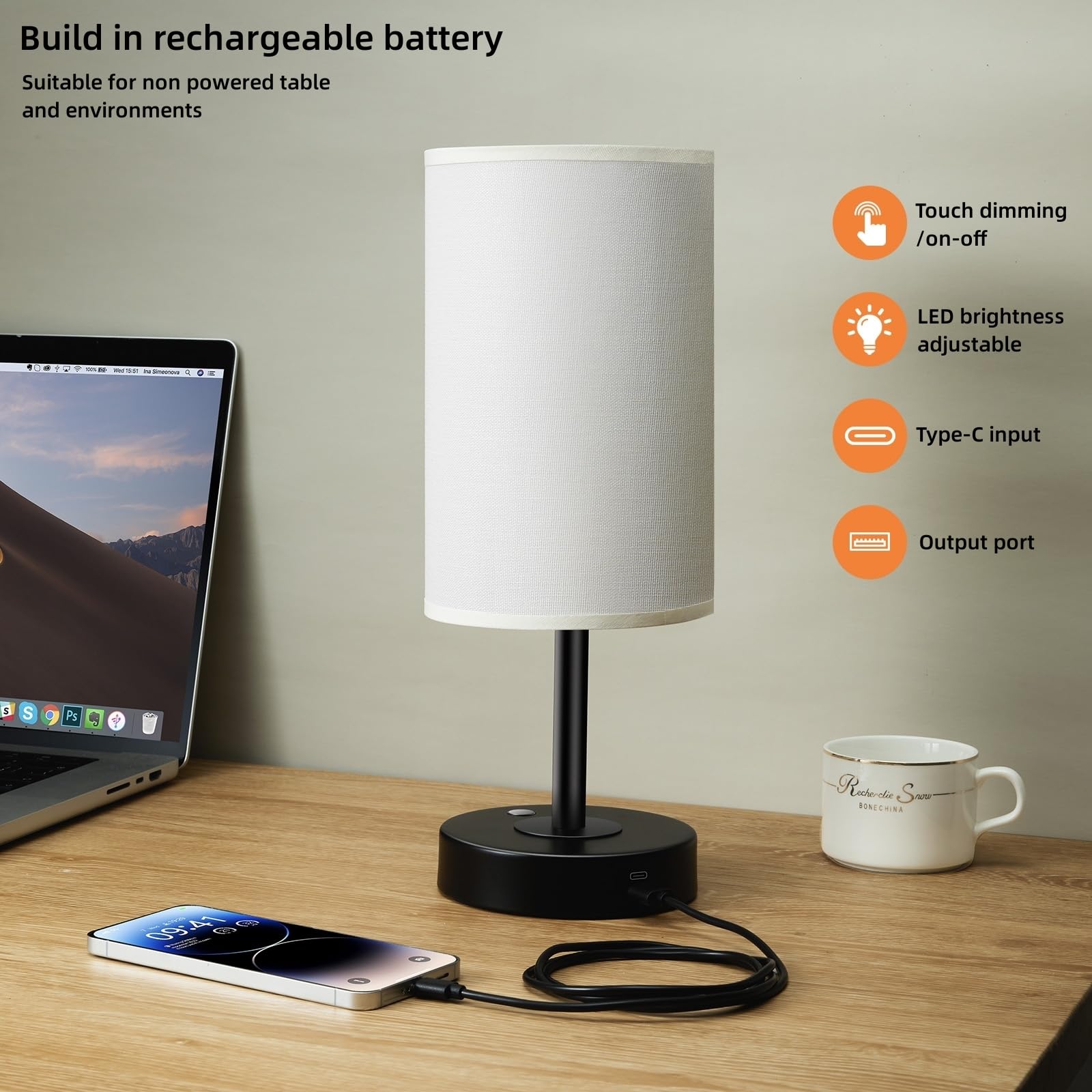 Madckdedrt Cordless Led Table Lamp With Dimmer,Built-In Rechargeable Battery,Fabric Shade,Stepless Dimming,Suitable For Bedroom, Living Room, Dining Room, Patio Lighting,Black