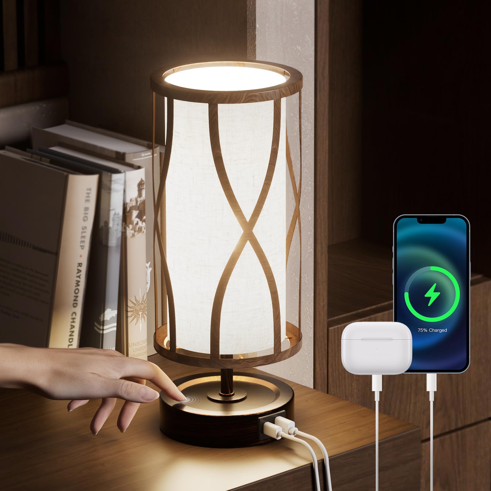 Hymela N10-2 Farmhouse Table Lamp Dimmable Touch Control Plug In Lamps Linen Rustic Desk Lamp Iimitation Wood Metal Base Vintage Nightstand Table Lamp With Usb Port For Bedroom Bedside (Bulb Included)