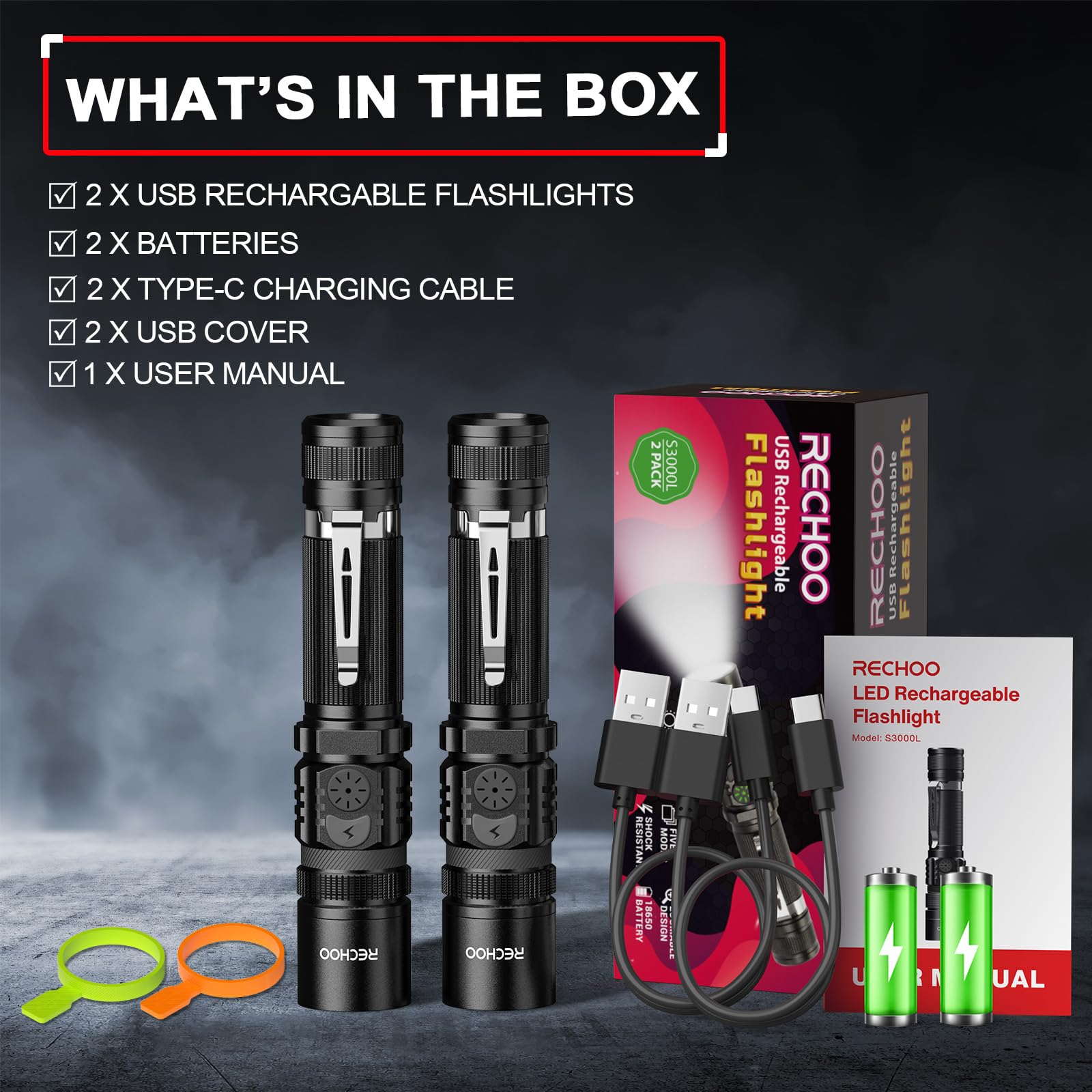Rechoo Rechargeable Flashlights 2 Pack, High Lumens Led Utility Flashlight With Double Switch, Small Bright Flash Lights With 5 Modes, Zoomable, Ip65 Waterproof For Camping, Hiking, Emergencies