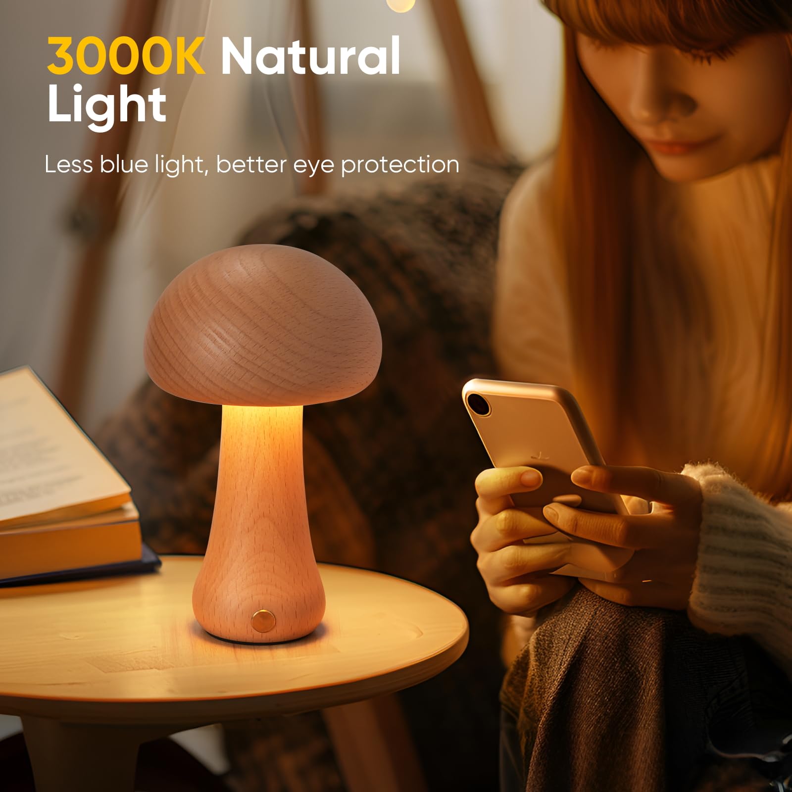 Lonrisway Small Wood Mushroom Lamp, Led Cordless Bedside Touch, Portable Dimmable Battery Mushroom Lamp For Bedroom Nightstand