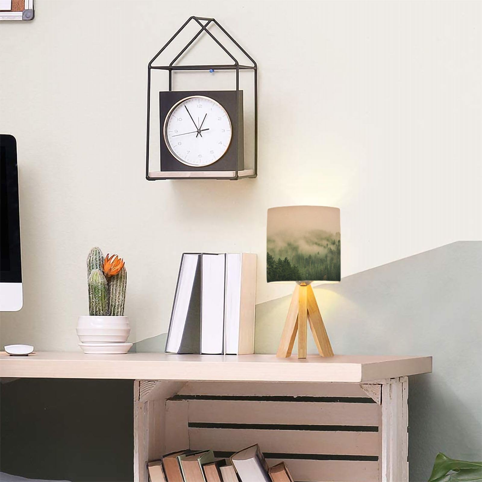 Dqwijakx91 Tripod Table Lamp Clouds Mountain Forest Mountain Landscape Scenery Nature Tree Cloud Modern Bedside Dimmable Desk Lamp Wooden Base Fabric Lampshade For Kids Room, Nursery, Bedroom, Living Room