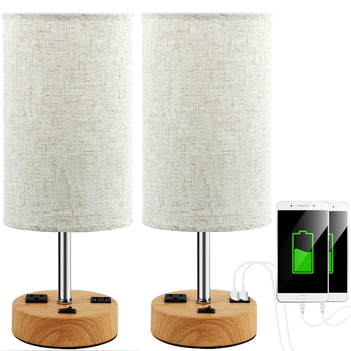 Jorunhe Usb Table Lamp Set Of 2, Nightstand Lamp With Dual Usb Charging Port And Prong Ac Outlet, Modern Desk Lamp With Linen Shade For Bedroom, Living Room, Study