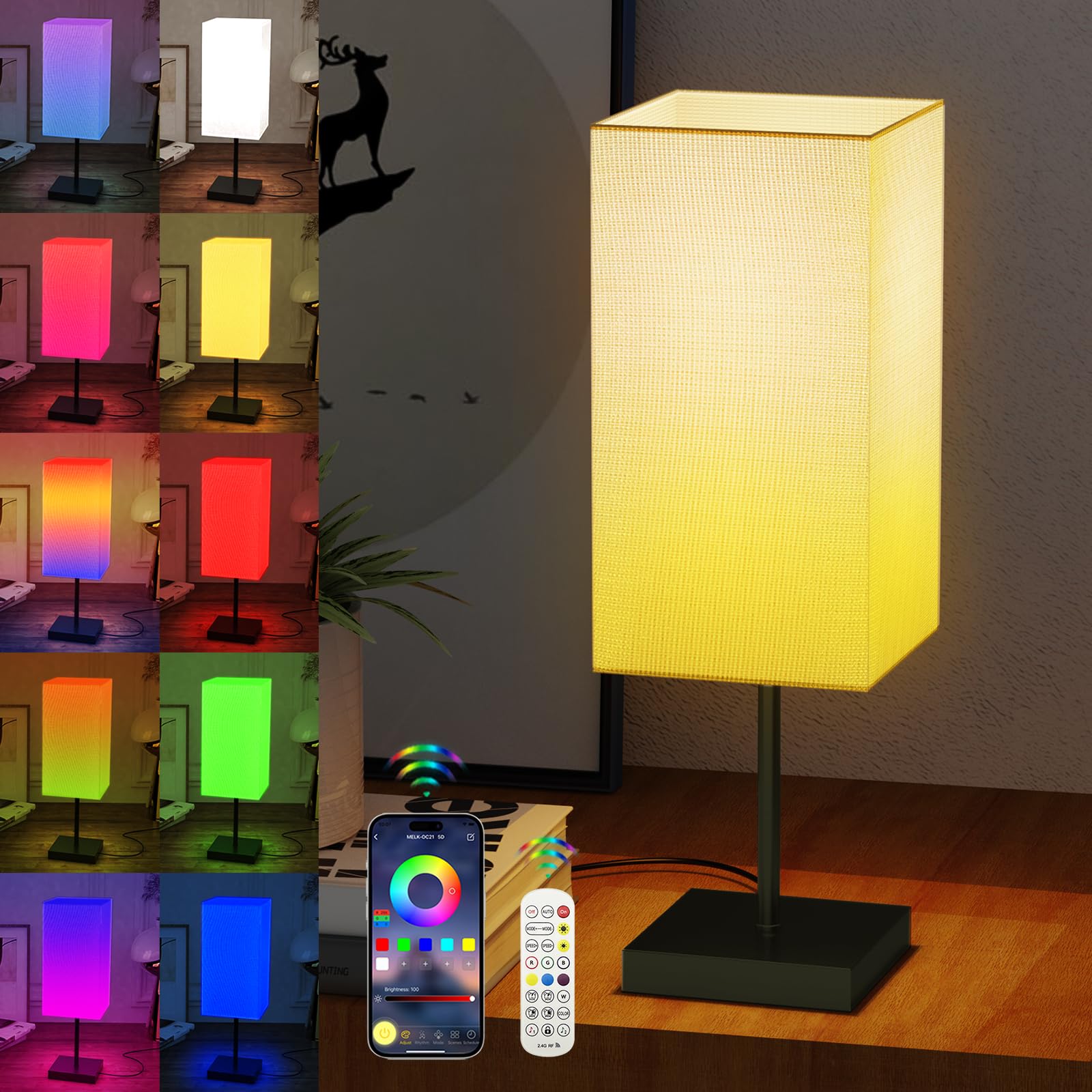 Nenrent Smart Bedside Table Lamp For Bedroom, Modern Bedroom Lamps For Nightstand Decoration, 72 Led Colorful Bulb With App Control & Music Sync & Timer, Desk Light For Home Office Living Room (Black Square)