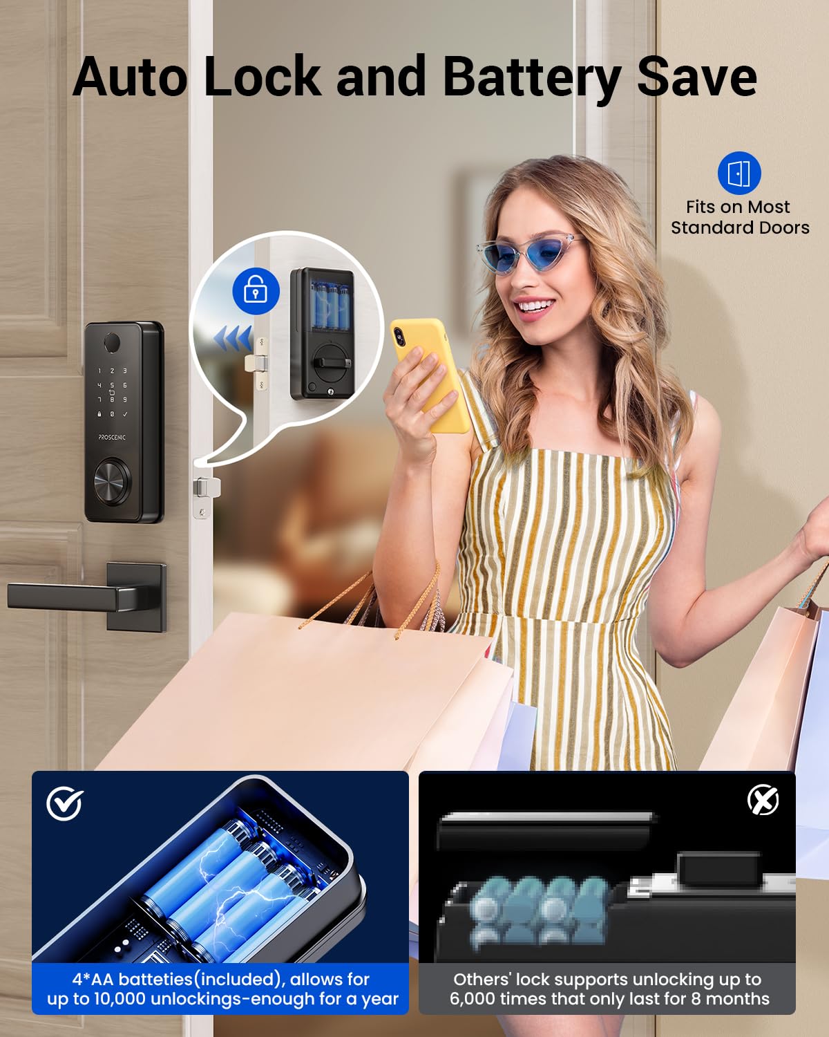 Proscenic L60 Smart Lock [Zinc Alloy Ipx5 Weatherproof] Fingerprint Keyless Entry Door Locks For Front Door, Electronic Digital Deadbolt With App Control, Keypad Code, 2 Keys & Fobs, 1-Year Battery