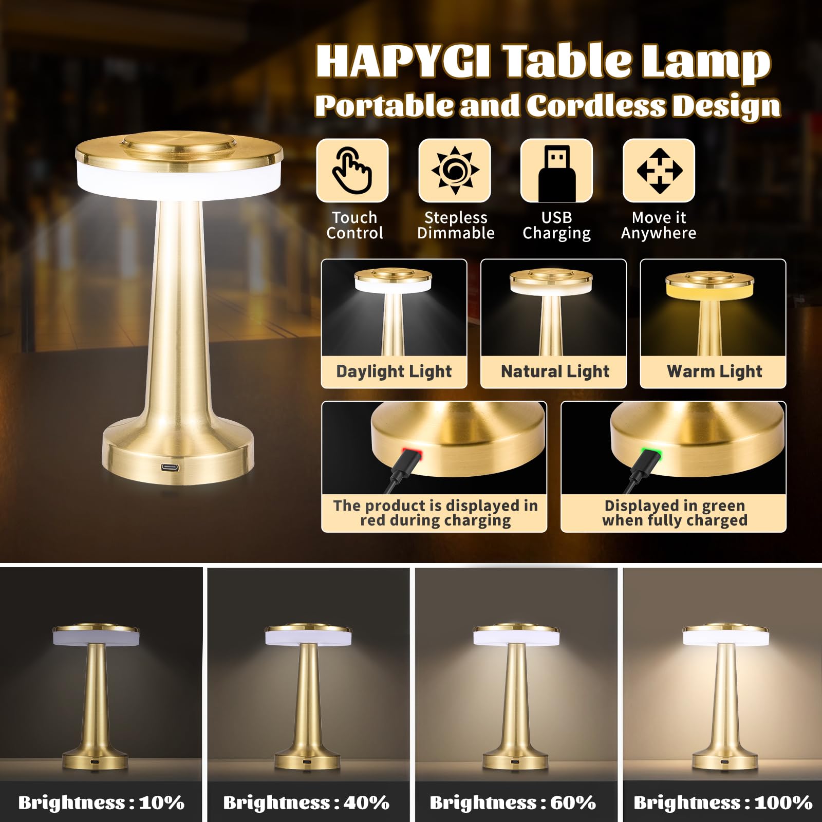 Hapygi Rechargeable Cordless Led Table Lamp ,Touch Sensor Light, Battery Operated Lamp，3-Levels Portable Dimming Lamp ,Bedside Lamp/ Night Light/Restaurant /Outdoor/Coffee /Bar (Gold)…