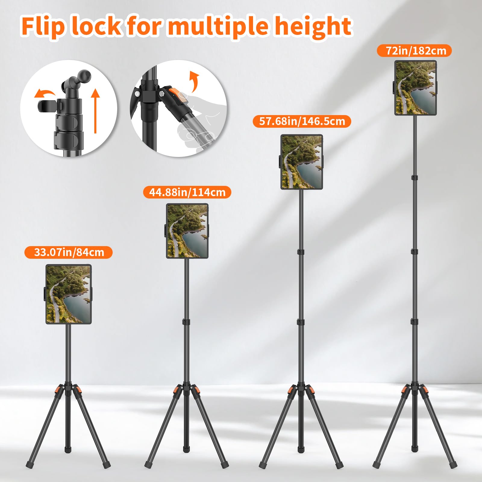 Xxzu 72In Tablet Floor Stand Tripod,Tablet Stand Floor With 360° Ball Head,Height Adjustable Floor Stand Holder For Bed With Case,For Phone/Music/Mic/Stream/Recording And All 5.12-11.05” Devices