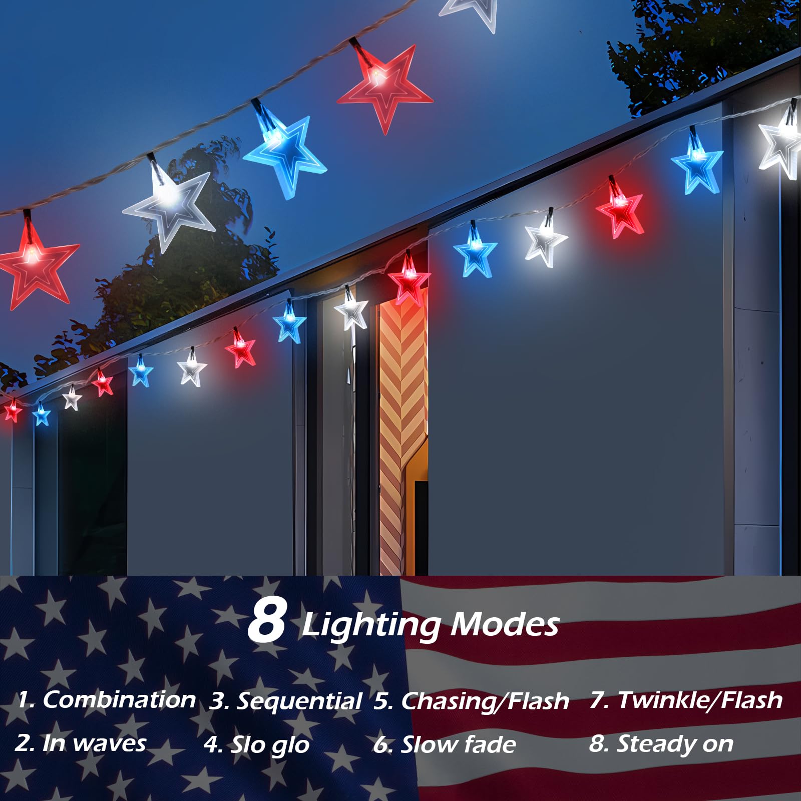 Amipepe Solar Powered 4Th Of July Decorations Star Lights, 45Ft Red White And Blue String Lights With 90Led Big Stars, 8 Modes Patriotic Lights Usb Charge For Indoor Outdoor Garden Independence Day Decor