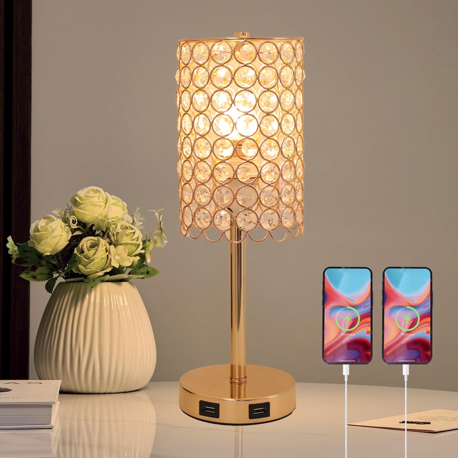 Krasty Crystal Gold Table Lamp,Touch Control Lamp With Two Usb Ports, 3-Way Dimmable Nightstand Lamp With Crystal Lampshade,Bedside Lamp For Bedroom Living Room Kid Room(Bulb Not Included)