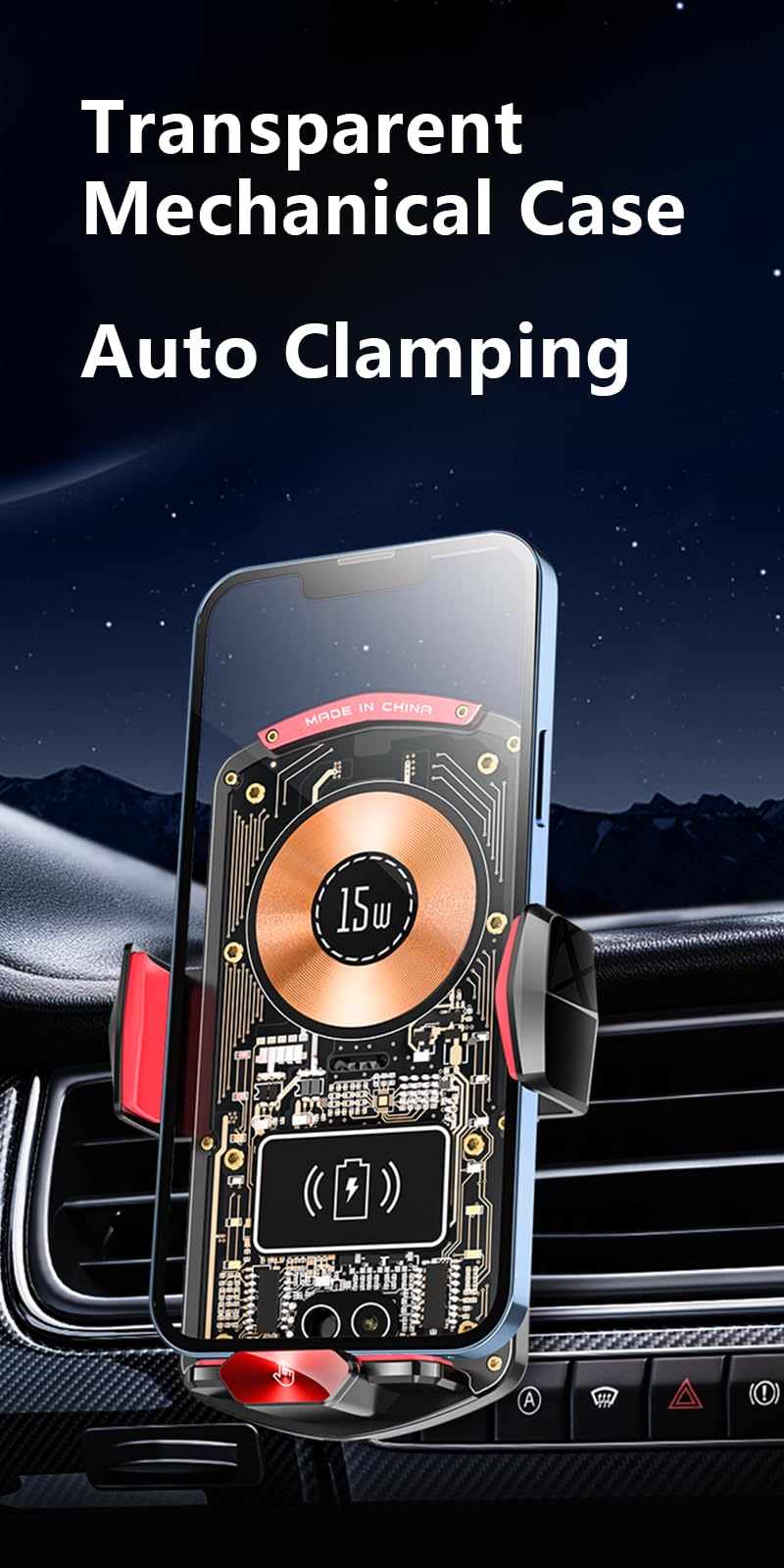 Ryaacphi Wireless Car Charger Mount,Phone Holder,15W Fast Charging, Air Vent Clamp,Auto Clamping,360° Rotating Ball Joint,Transparent Case,Compatible With Iphone 16/15/14/13/12/11/10, Samsung Galaxy Series