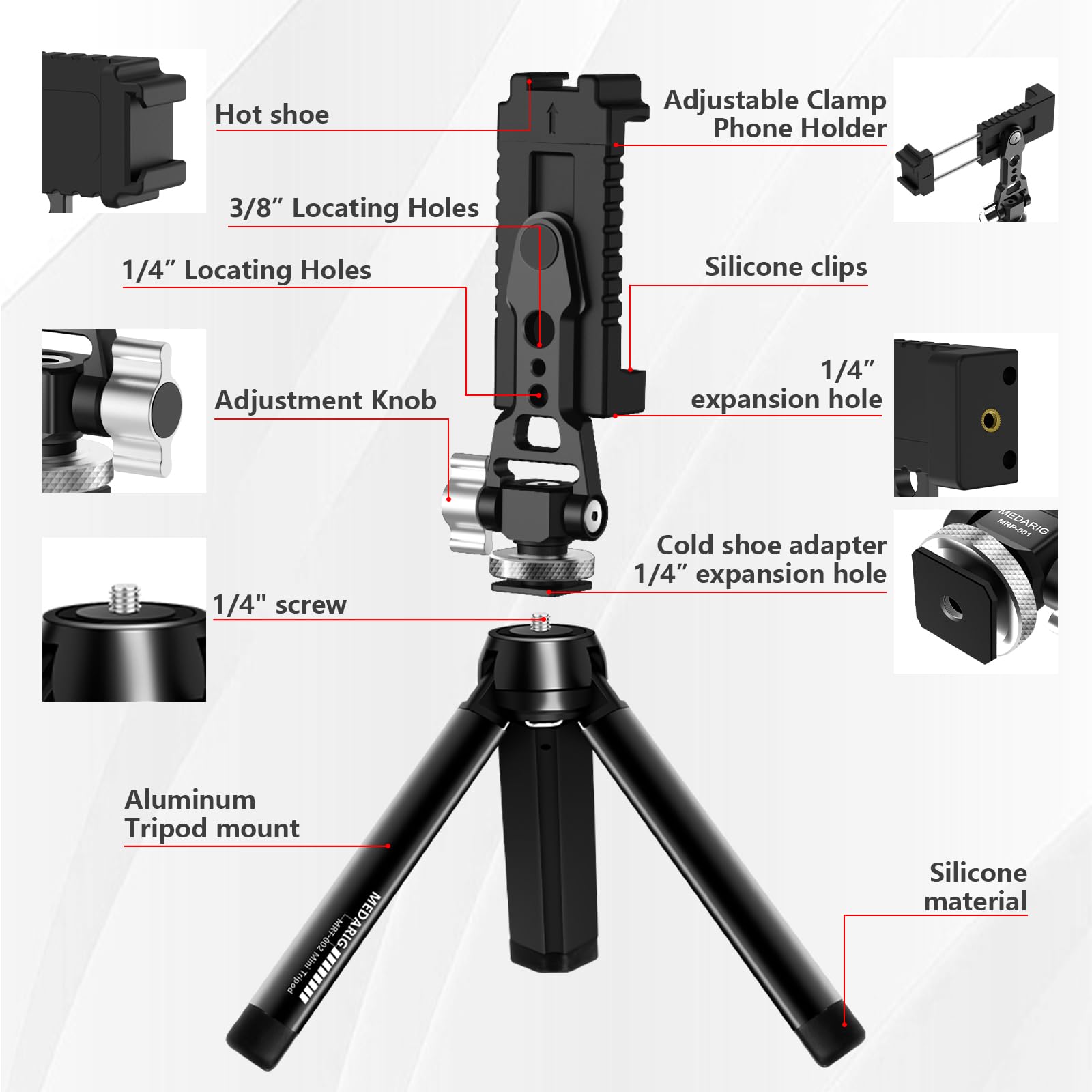 Camedaflx Aluminum Tripod Stand Mount Universal Smartphone Adapter With Cold Shoe Mount,360°Adjustable Cellphone Clamp Tripod Stand Holder,Compatible For Iphone,Samsung Galaxy And Cameras.