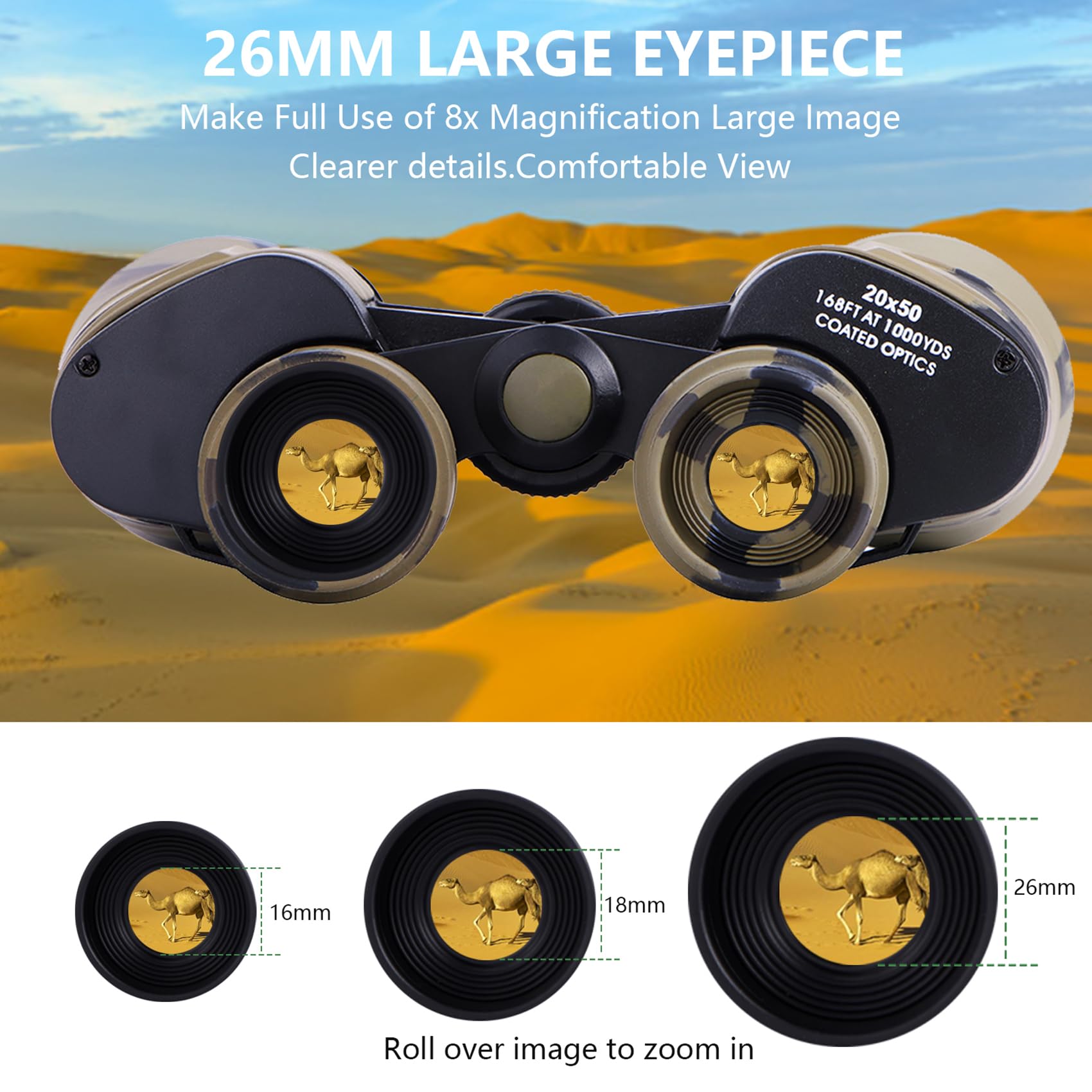 Hanklenss Binoculars 20X50 - Professional High Magnification Hd Compact Binoculars For Bird Watching, Hunting, And Outdoor Activities - Low Light Night Vision, Bak-4 Prism - Portable, Durable, Easy (Desert)