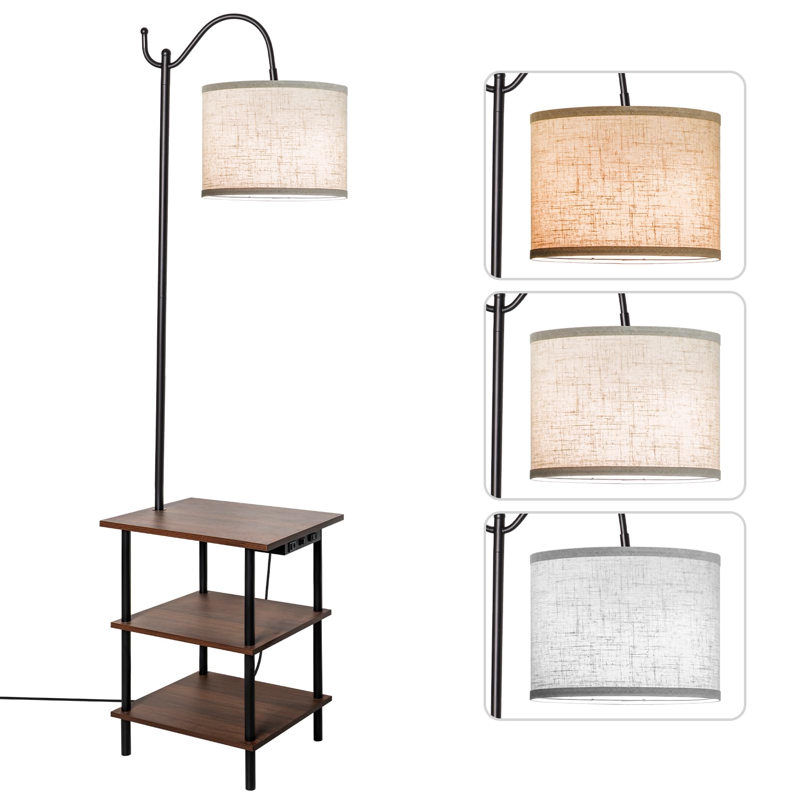 Eoeyyoyb Floor Lamp With 3-Tier Shelves, End Table Lamp With Usb Charging Port Power Outlet, Side Table Reading Light With 3 Color Temperature Led Bulb Included, Floor Lamps For Living Room, Walnut