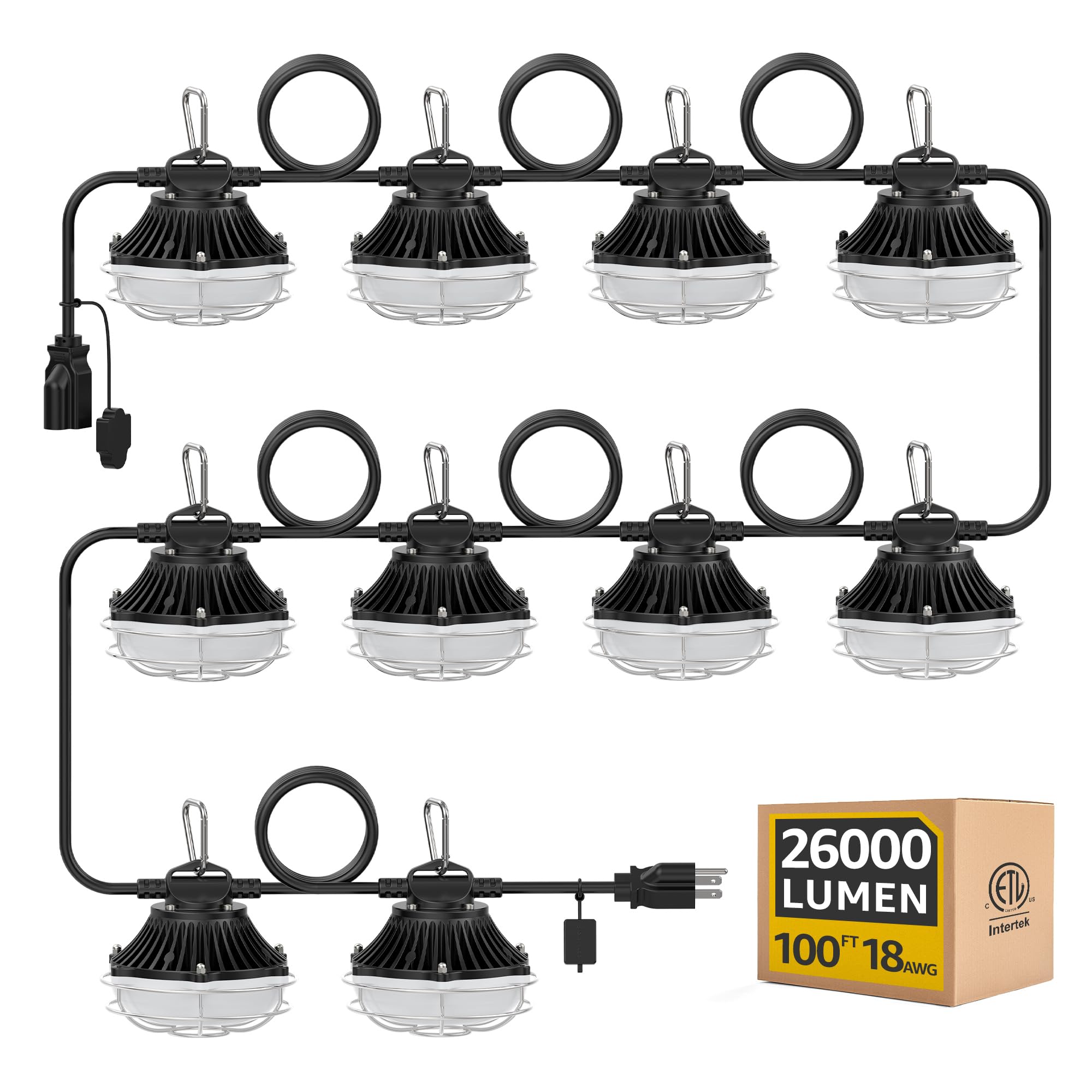 Omlite Aluminum Shell Construction String Lights: 100Ft 250W Linkable Etl Listed Super Bright Led Industrial Outdoor Temporary Lighting String Hanging Work Lights For Attic Jobsite