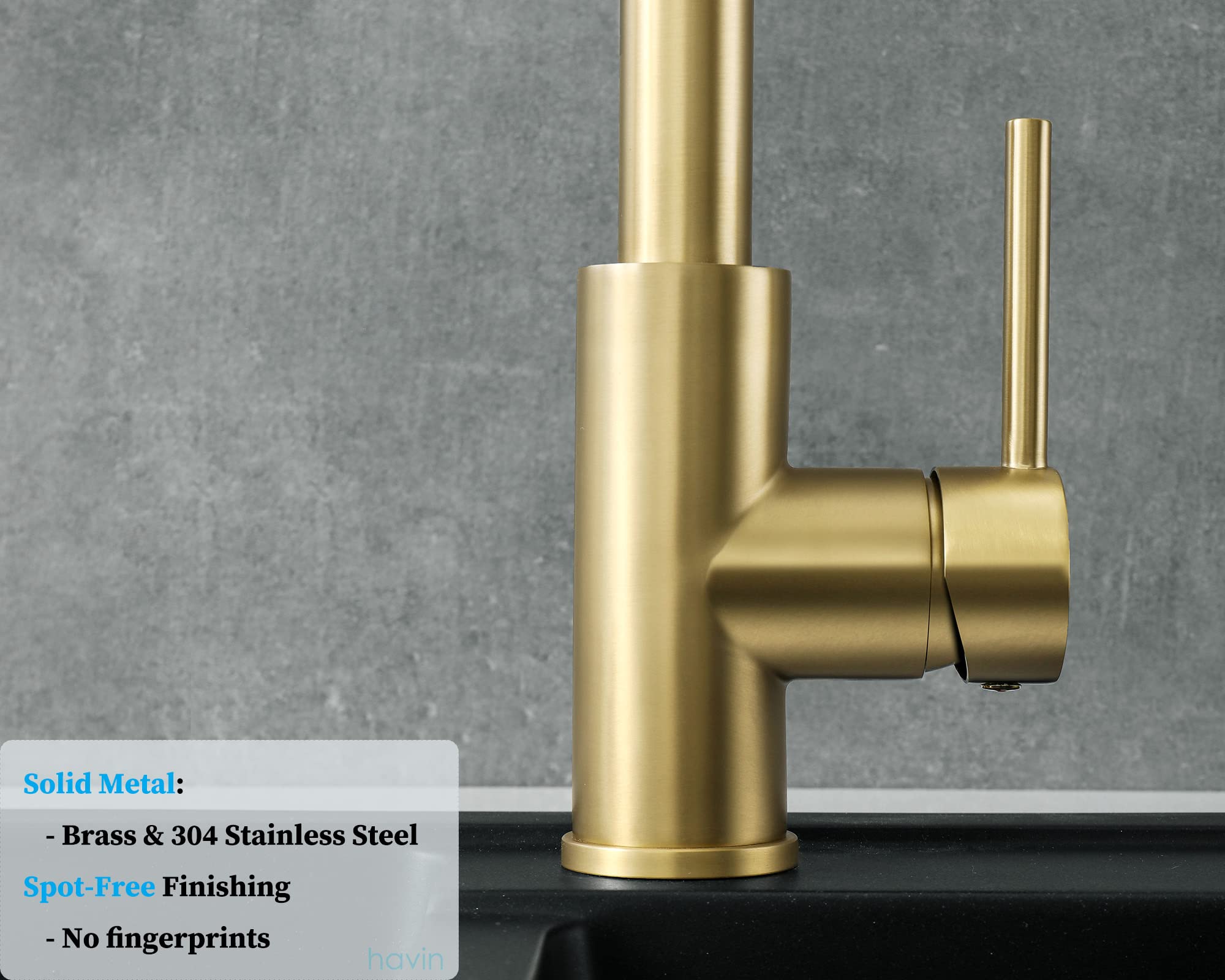 Havin Gold Kitchen Faucet With Pull Down Sprayer, High Arc Stainless Steel Material, With Cupc Ceramic Cartridge,Without Deck Plate,Fit For 1 Hole Kitchen Sink Or Laundry Sink,Brushed Gold,Hv501G