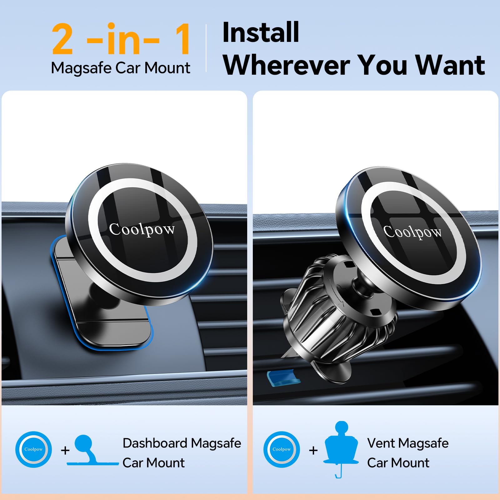 Coolpow For Iphone Magsafe Car Mount Dashboard【Stronger Magnets】 Magnetic Phone Holder For Car Dash【Hands  】 Magsafe Car Holder For Car Fit Iphone 15 14 13 12 Pro Max Plus Mini Mag Safe Case &Cell Phone