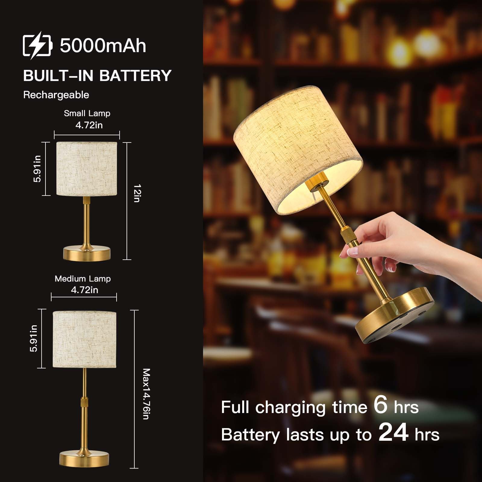 Sisihokai Portable Rechargeable Cordless Table Lamp, Touch Dimmable Battery Operated Lamp, Height Adjustable Bedside Lamp, Ambient Light For Kitchen, Patio, Restaurant, Antique Brass, Linen