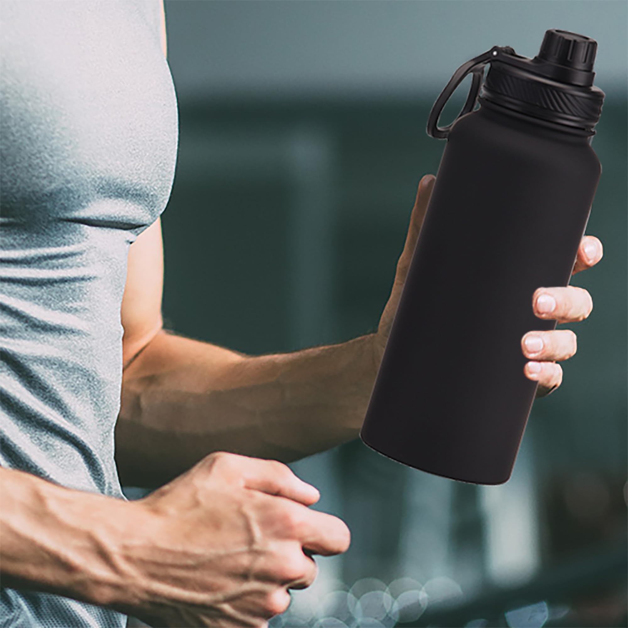 Black 32 Oz Insulated Water Bottle, Large Metal Stainless Steel Water Flask, Big Sports Travel