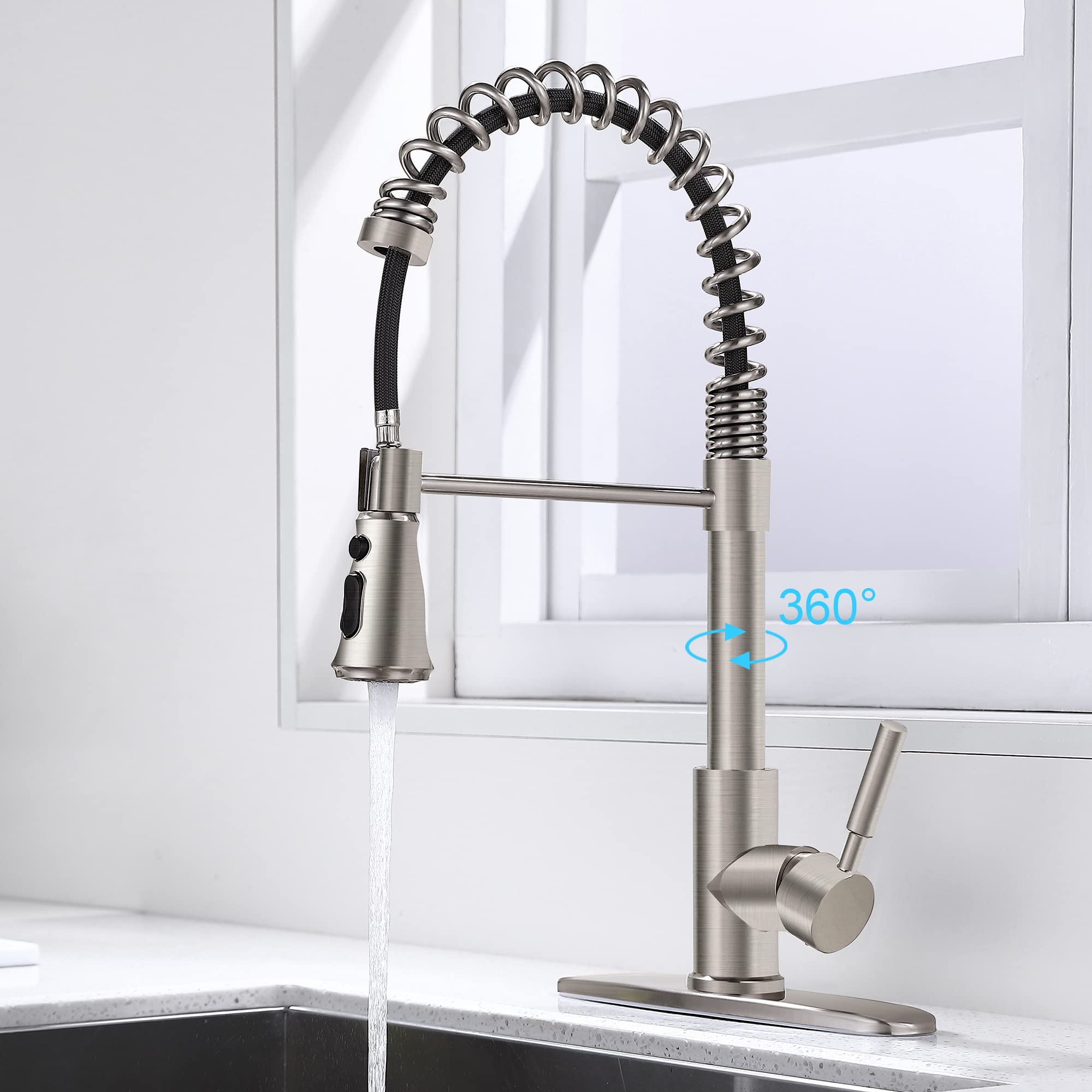 Soka Single Handle Kitchen Pull Down Faucet With Sparyer Fit For 1 & 3 Hole With Three Working Modes Stream, Spray & Pause Brushed Nickel (Sk5001Ny)