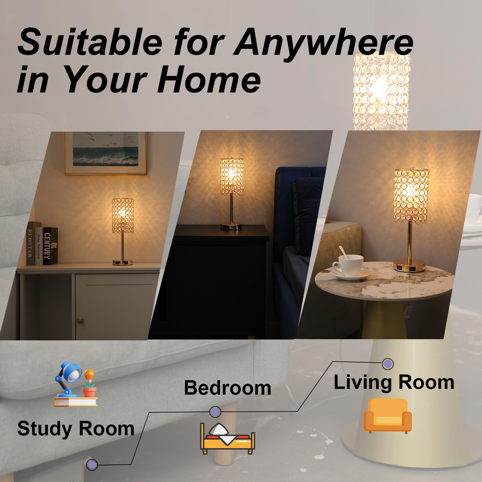 Krasty Crystal Gold Table Lamp,Touch Control Lamp With Two Usb Ports, 3-Way Dimmable Nightstand Lamp With Crystal Lampshade,Bedside Lamp For Bedroom Living Room Kid Room(Bulb Not Included)