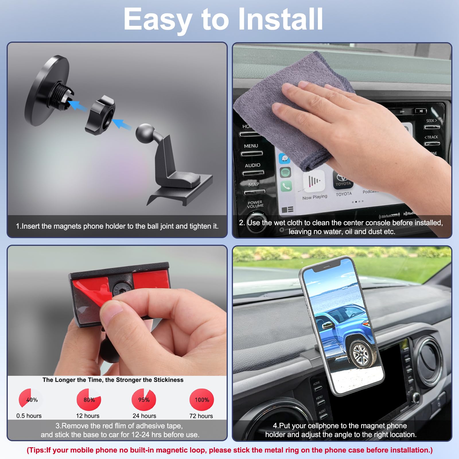 Kaishengyuan Magnetic Car Phone Holder For Toyota Tacoma 2016-, 3Rd Gen Tacoma Dashboard Clip Cell Phone Cradles Adjustable 20X Super Strong Magnet Phone Stand Phone Mount Fit For All Smartphone