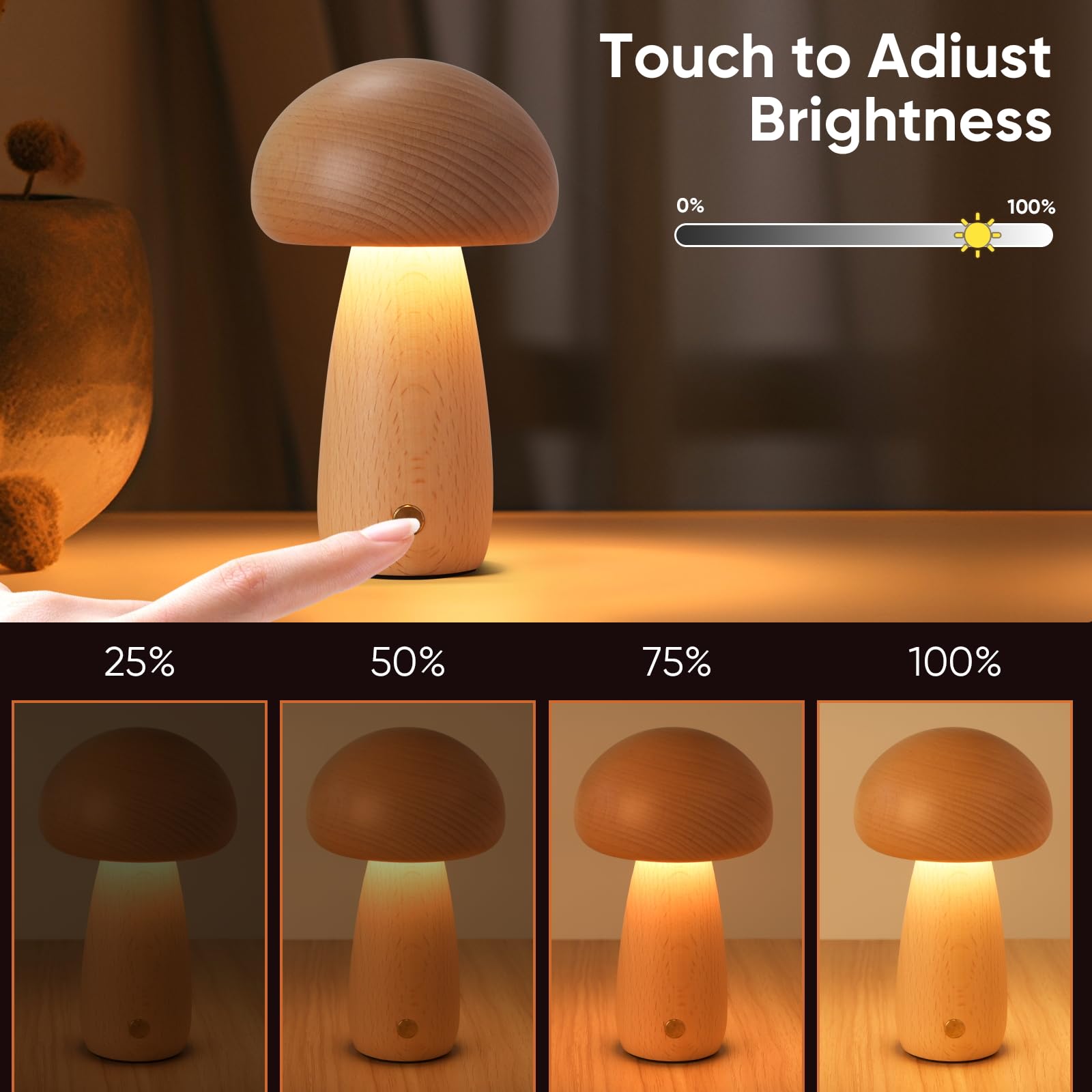 Lonrisway Wooden Mushroom Lamp For Bedroom, Portable Cordless Small Rechargeable Battery Operated Lamp,Stepless Dimming, Night Light For Birthday
