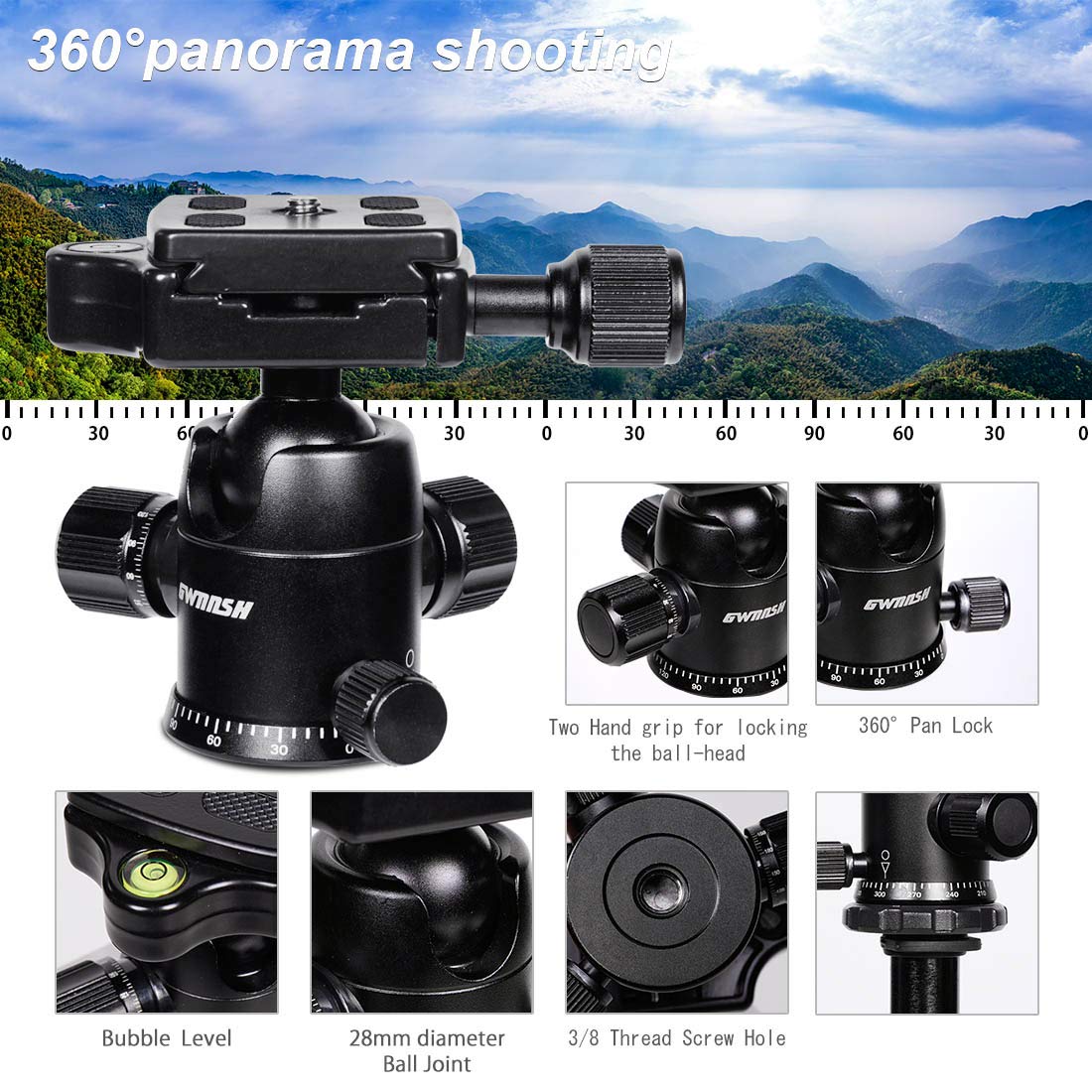 Gwnnsh Camera Lightweight Travel Tripod, 58” Detachable Monopod, Aluminum Ball Head Stand 3 X Control Knobs With Calibration, Dslr Qr Plate, Level Indicator, Flip Lock Design. Dare To Compare