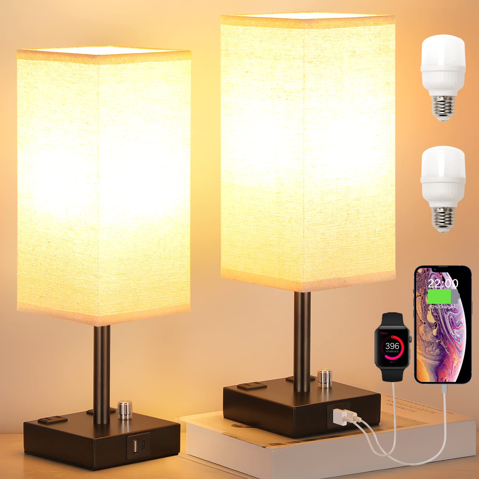 Aooshine Fully Dimmable Nightstand Lamps Set Of 2 - Table Bedside Lamp With Usb C+A Charging Ports & 2 Ac Outlets, Square Lamp Sets Linen Fabric Shade For Bedroom Living Room(Bulb Included)